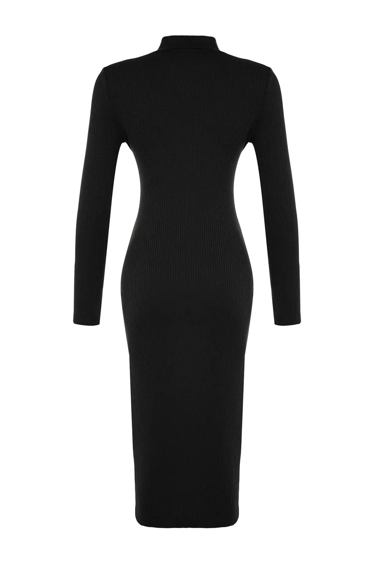 Black Ribbed Stretch Knit Midi Dress, BLACK, large image number 9