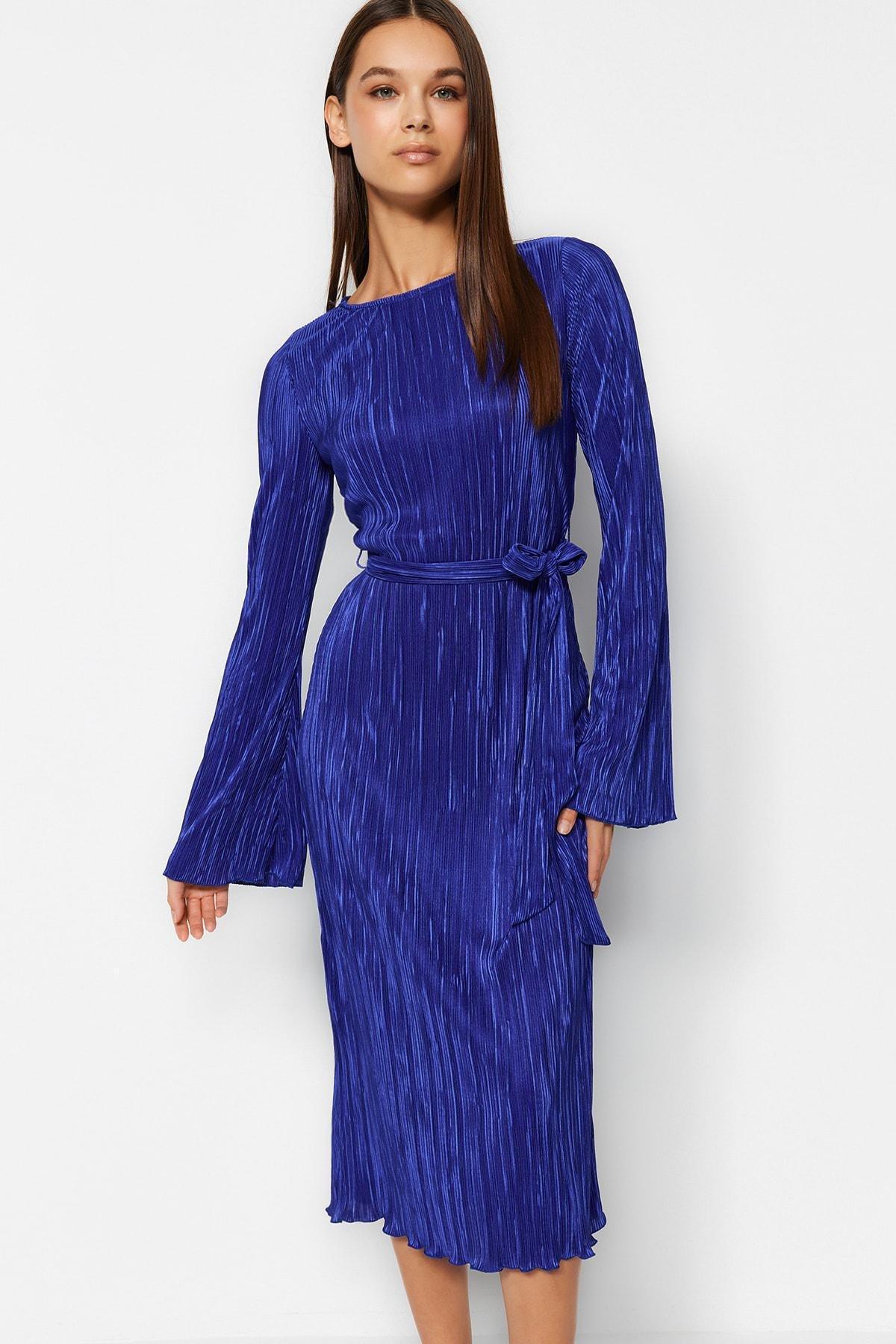 Navy Belt A-Line Midi Knitted Dress, , large image number 0