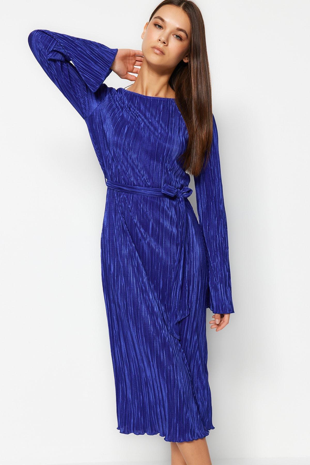 Navy Belt A-Line Midi Knitted Dress, , large image number 1