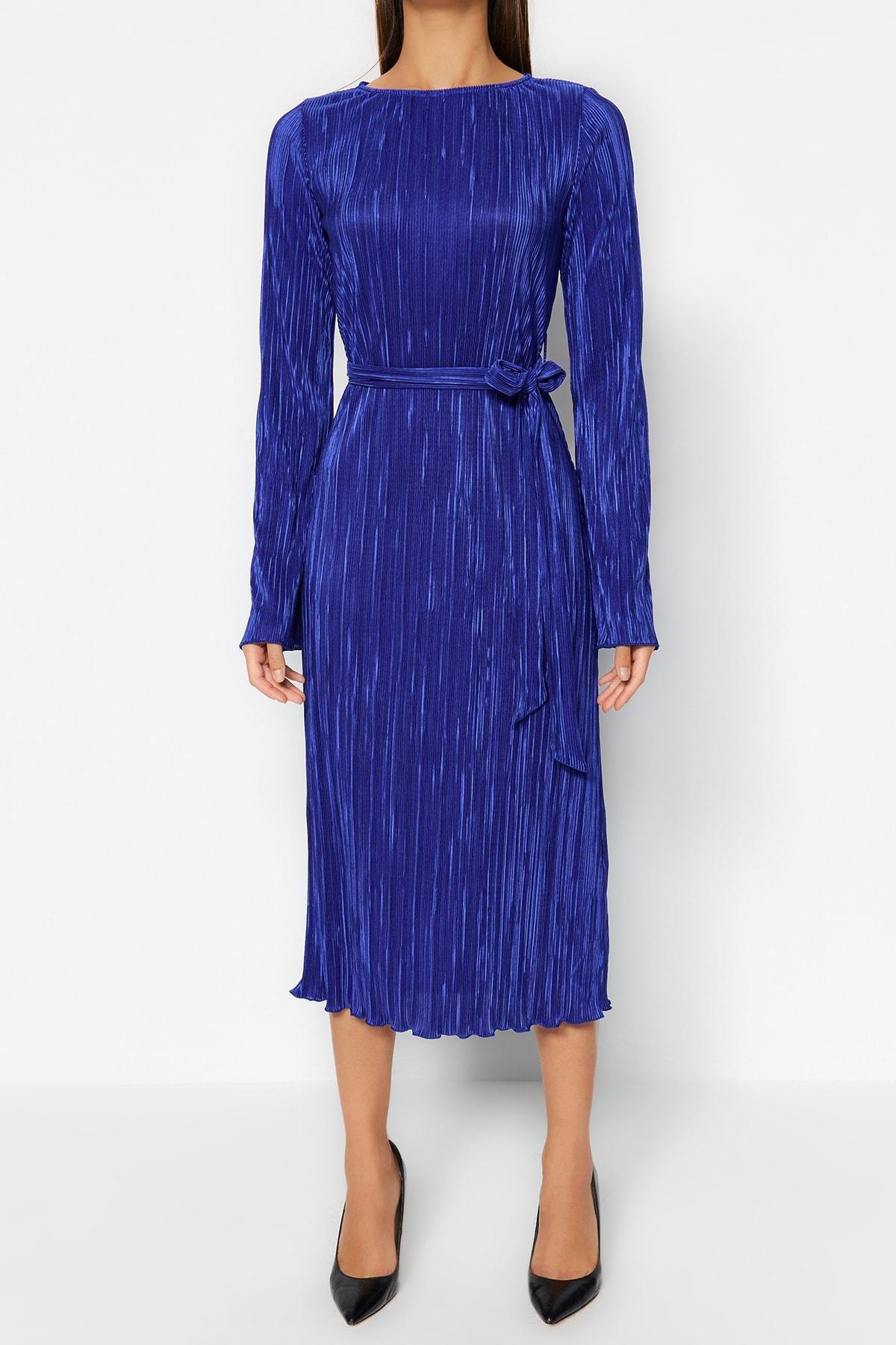 Navy Belt A-Line Midi Knitted Dress, , large image number 2