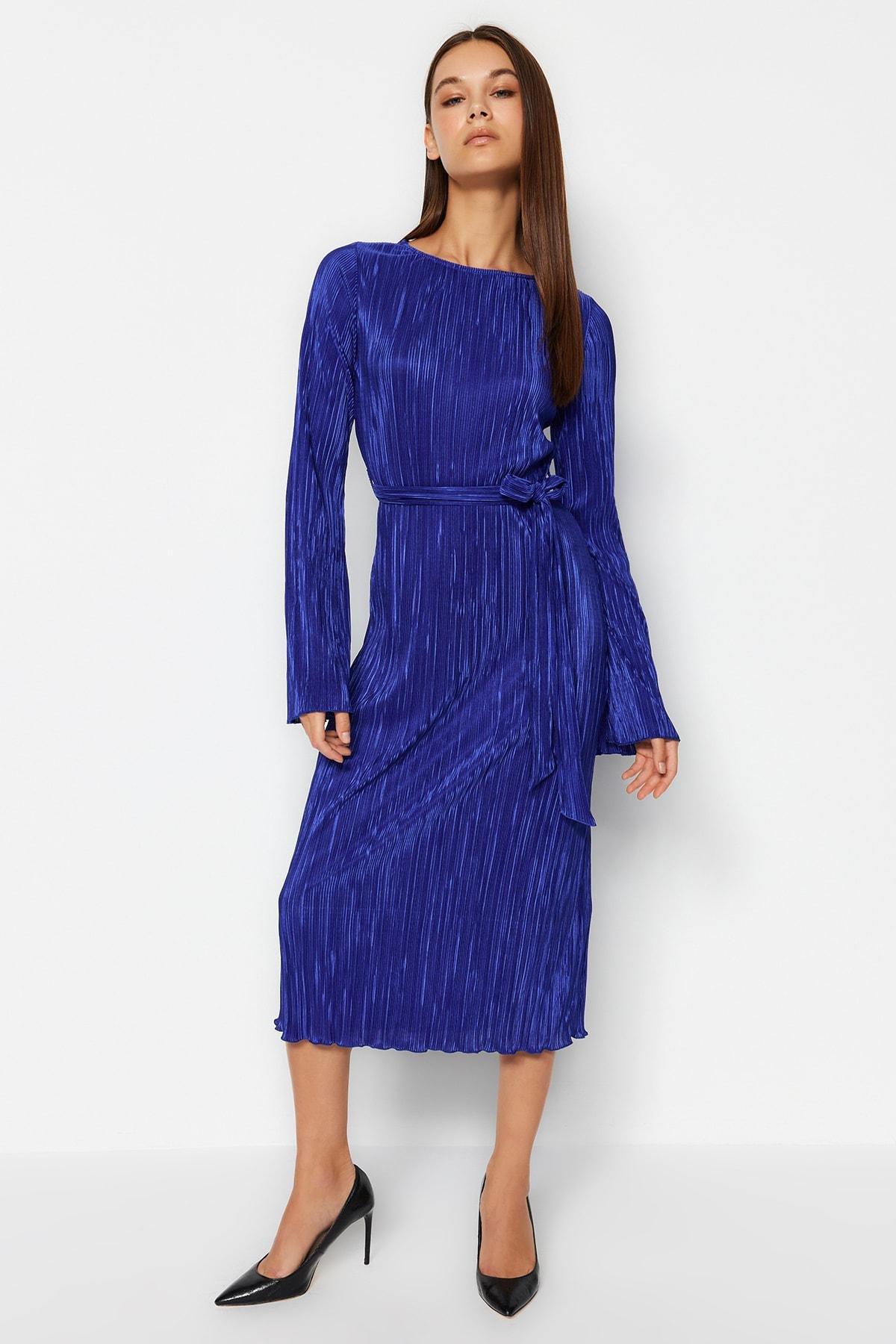 Navy Belt A-Line Midi Knitted Dress, , large image number 4