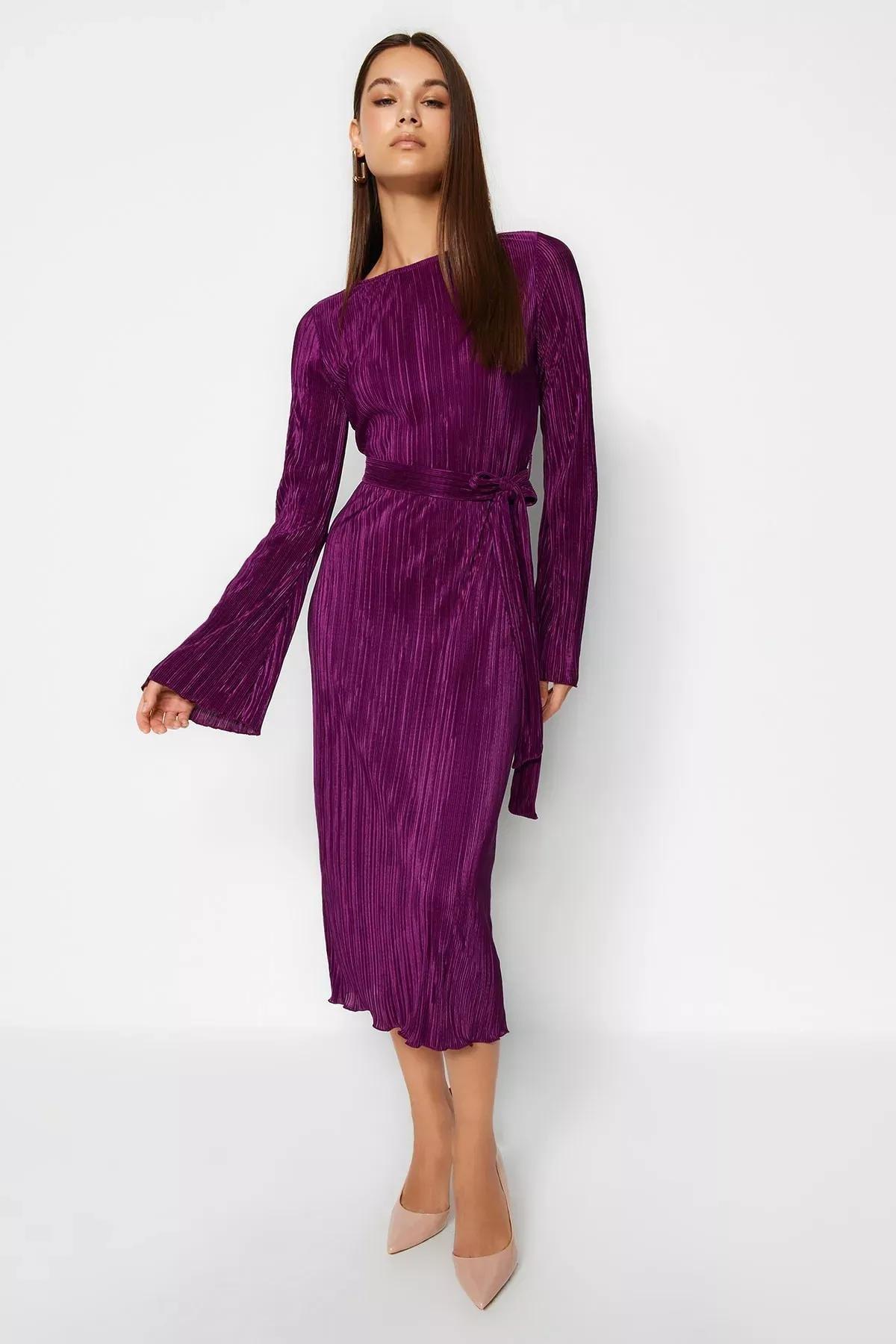 Purple A-Line Midi Knitted Dress, Purple, large image number 0