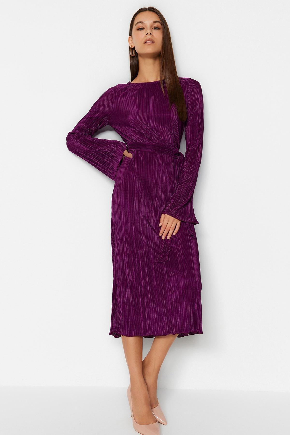 Purple A-Line Midi Knitted Dress, , large image number 1
