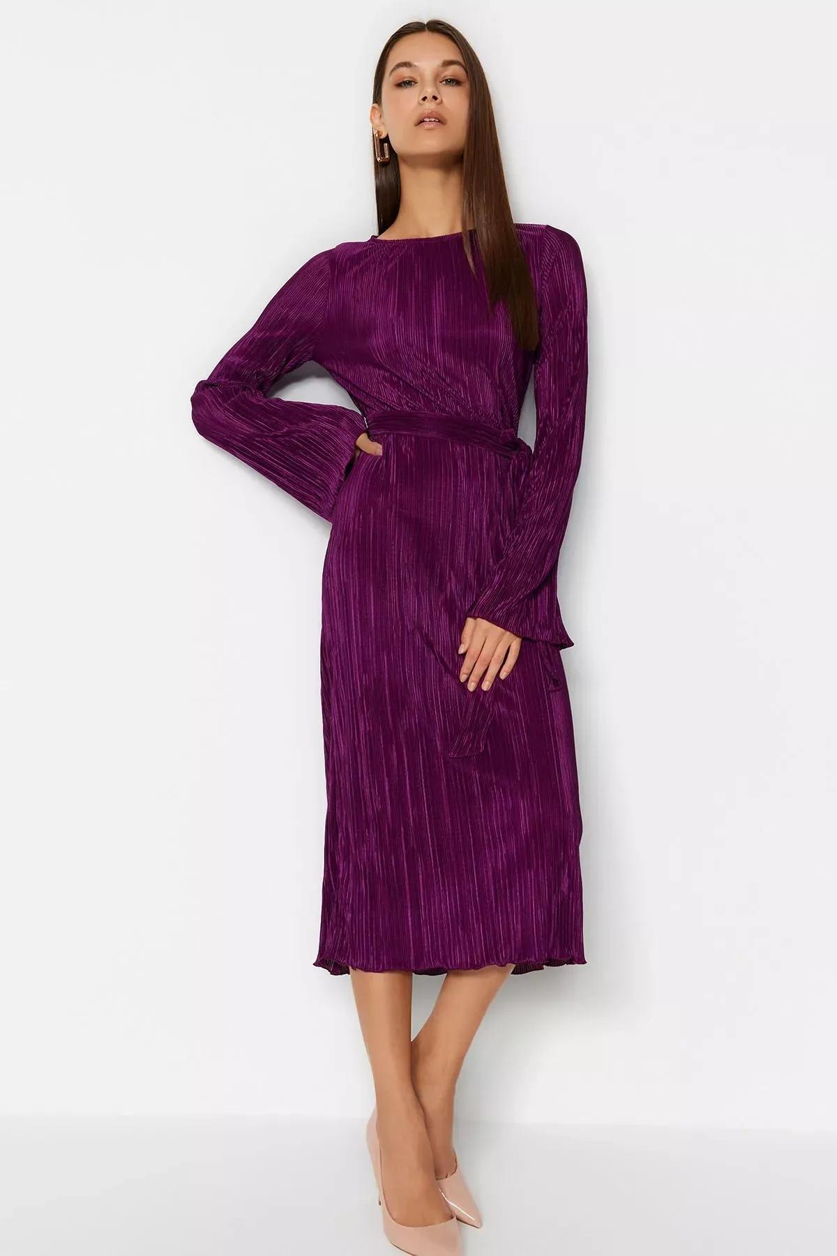 Purple A-Line Midi Knitted Dress, Purple, medium