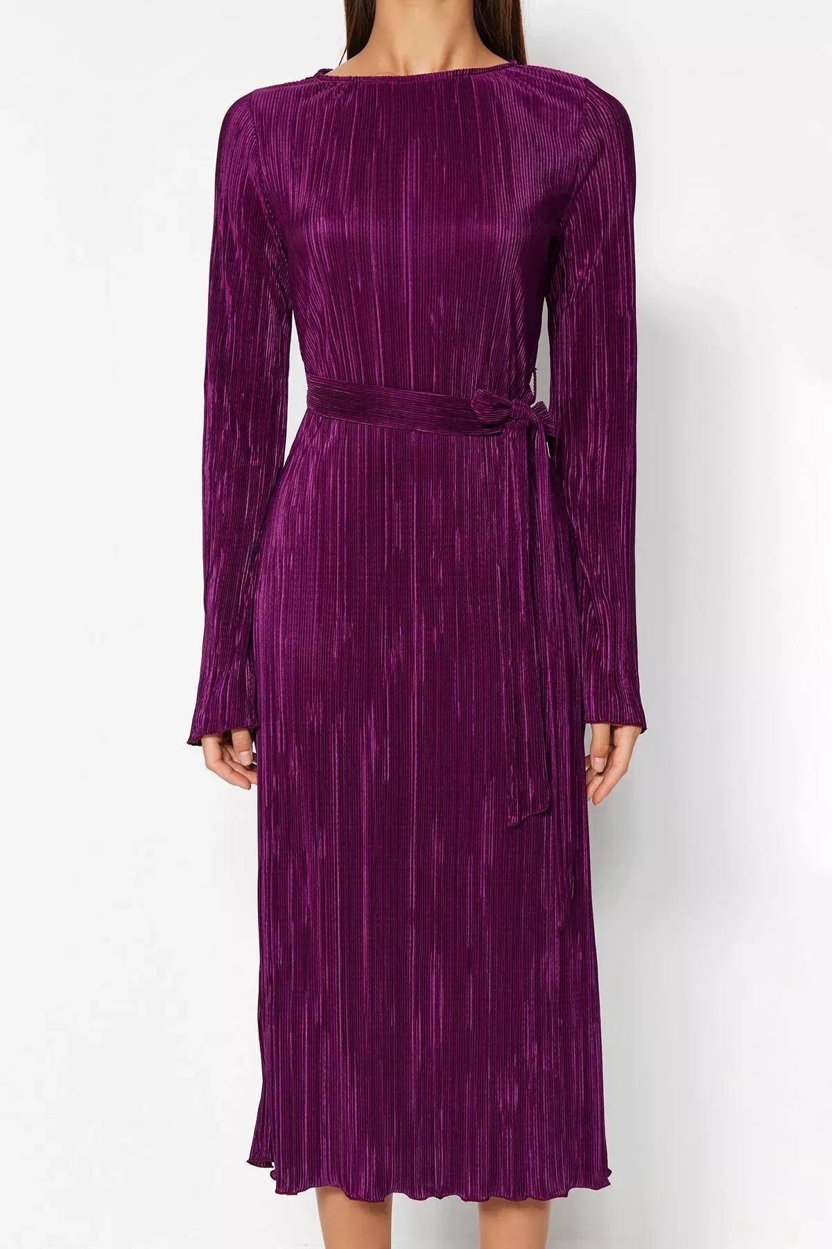 Purple A-Line Midi Knitted Dress, Purple, large image number 3