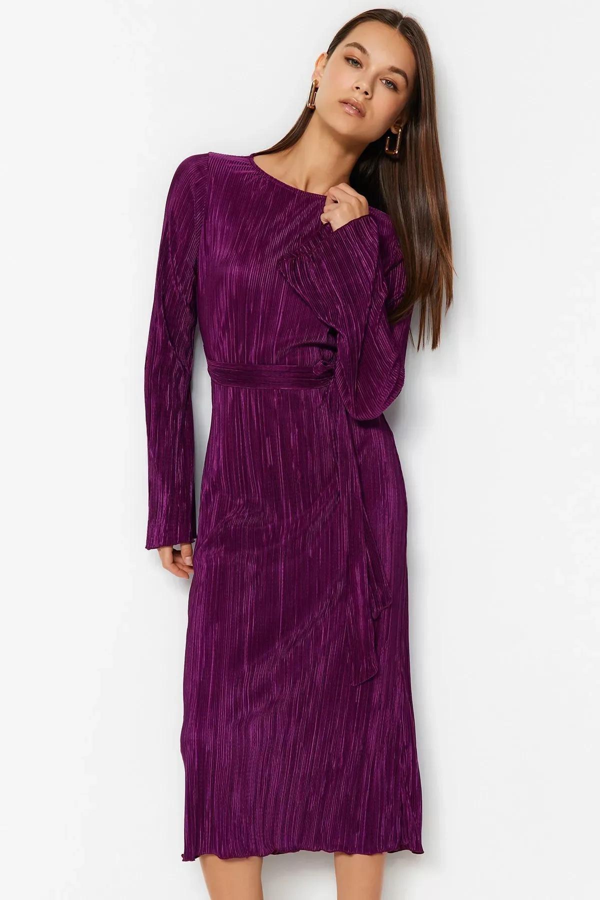 Purple A-Line Midi Knitted Dress, Purple, large image number 4
