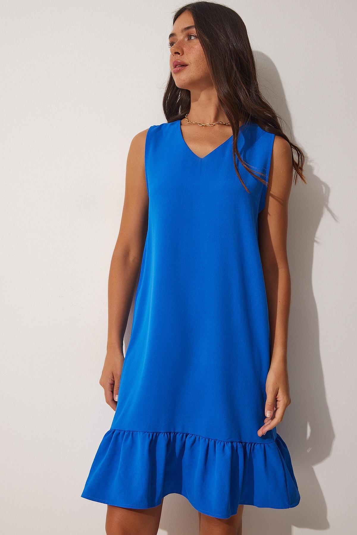 Blue V-Neck Ruffled Woven Dress, DARK BLUE, large image number 0