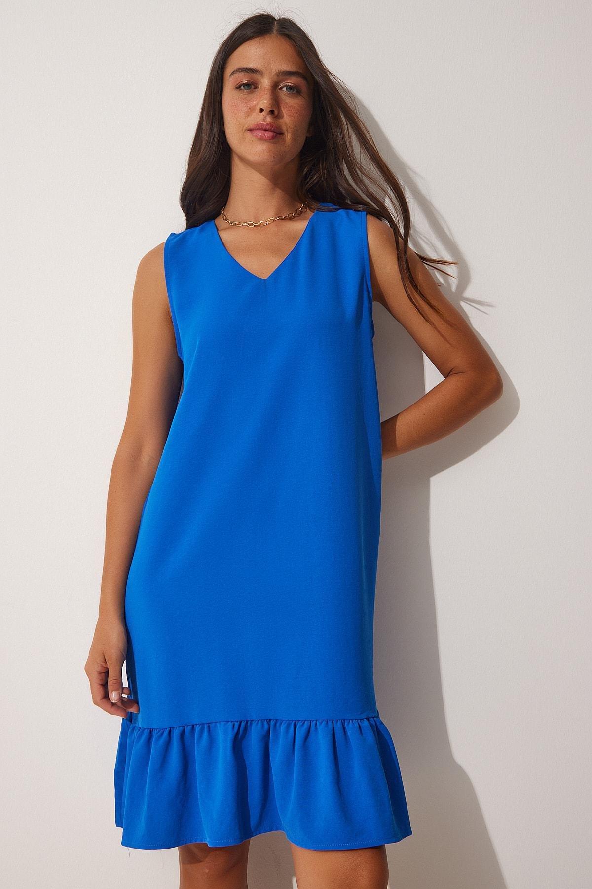 Blue V-Neck Ruffled Woven Dress, DARK BLUE, large image number 1