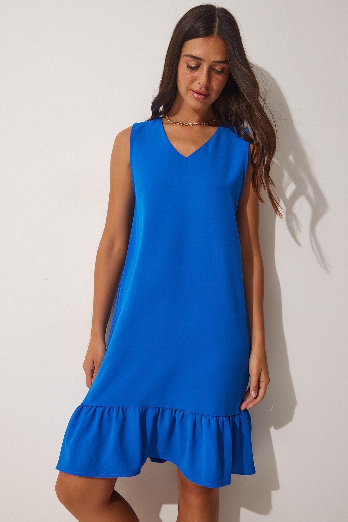 Blue V-Neck Ruffled Woven Dress, DARK BLUE, large image number 2
