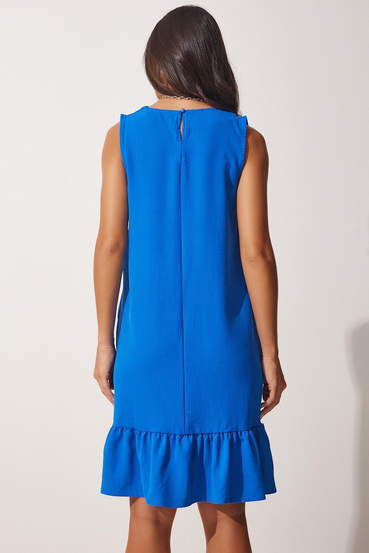 Blue V-Neck Ruffled Woven Dress, DARK BLUE, large image number 3