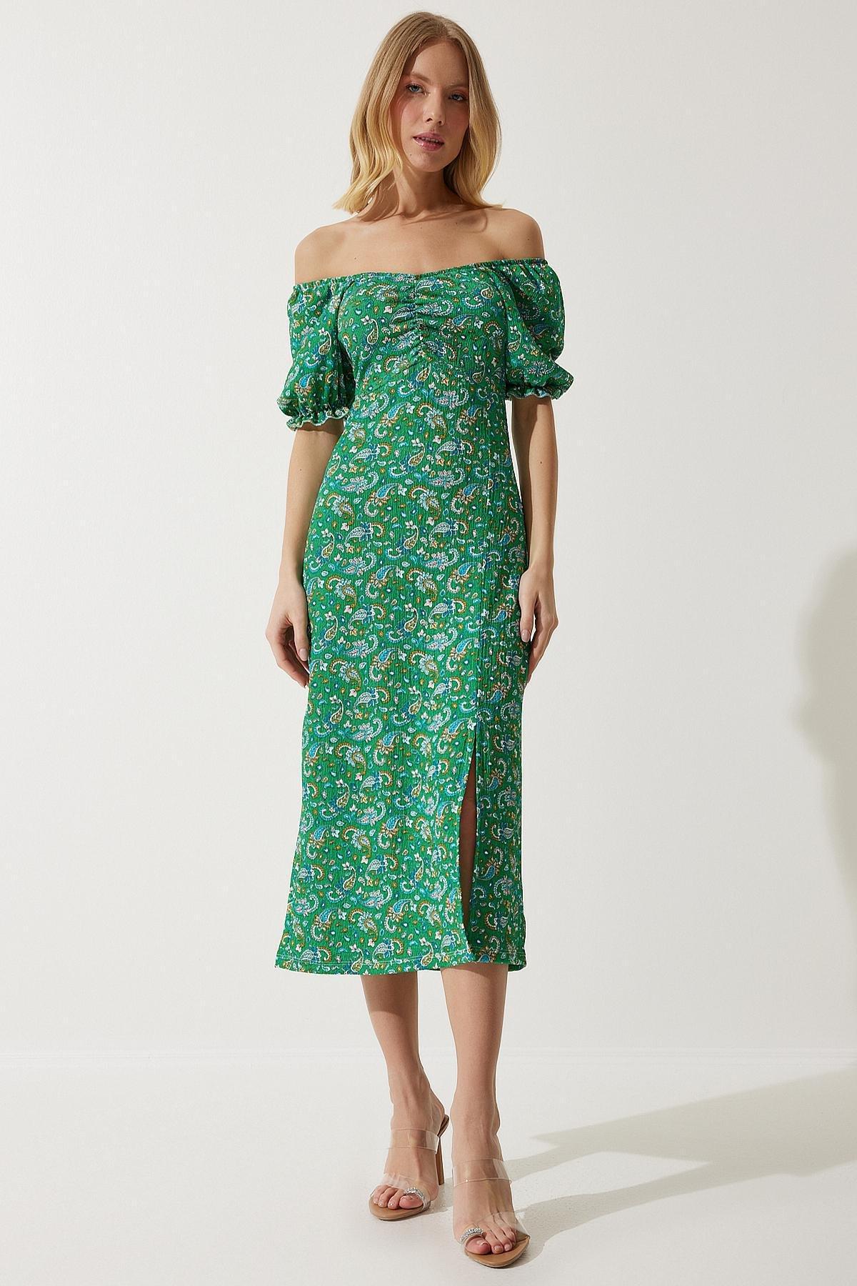 Green Paisley Bardot Midi Dress, C101_5671, large image number 0