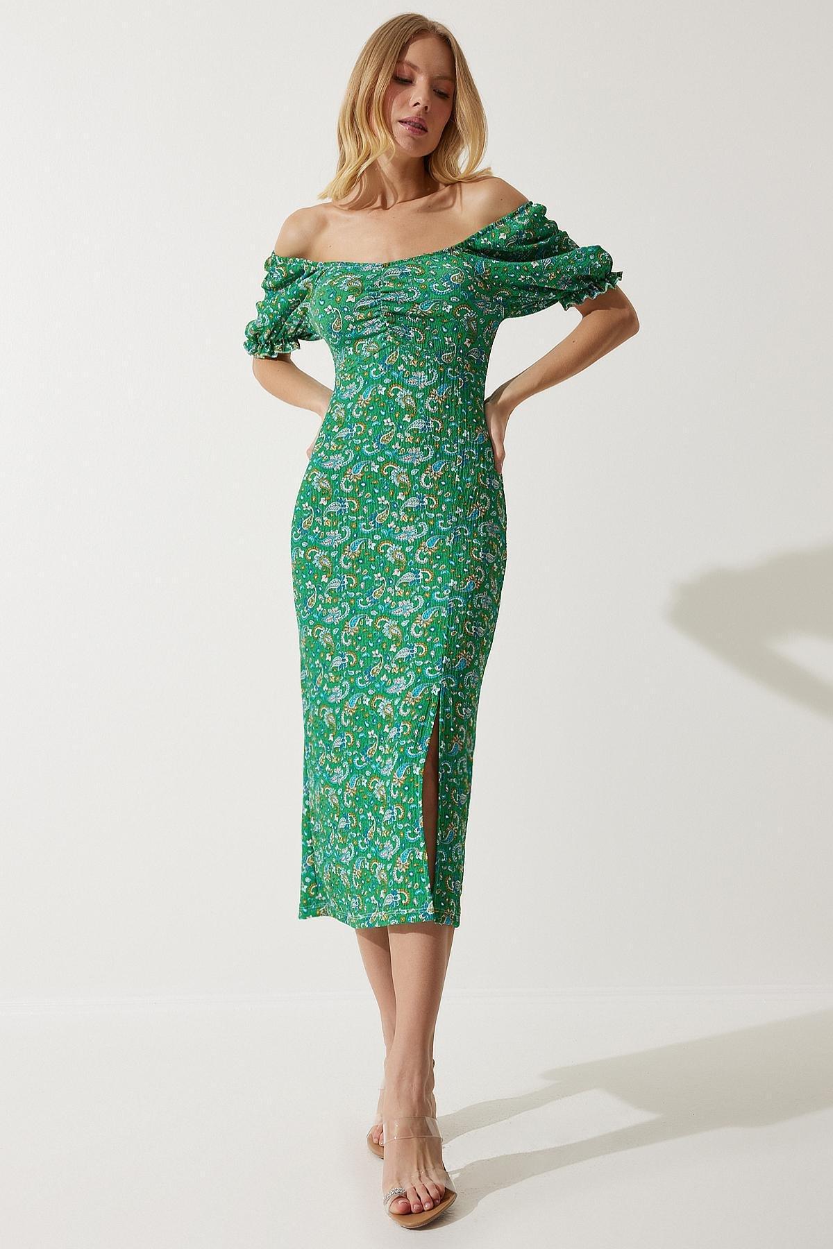 Green Paisley Bardot Midi Dress, C101_5671, large image number 1