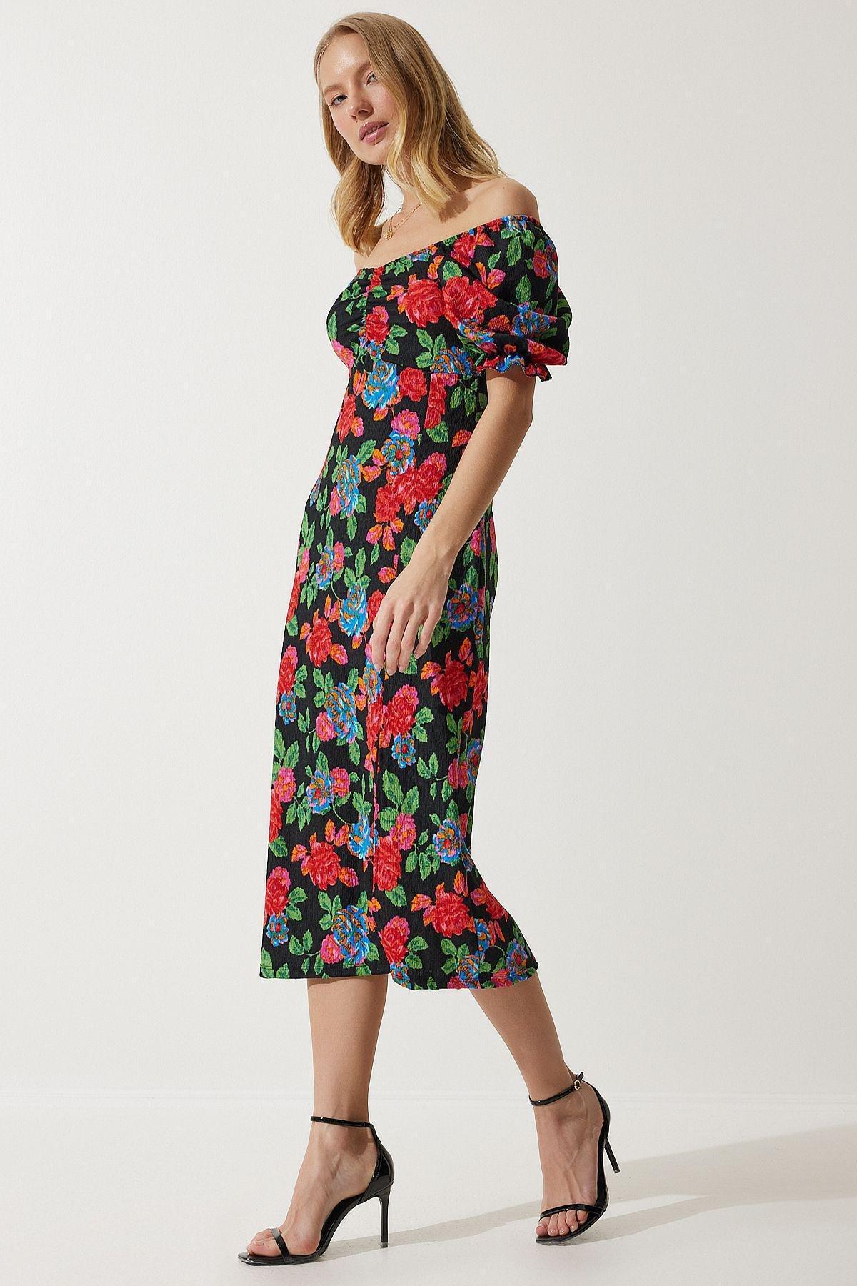 Red Floral Bardot Midi Dress MC00172, , large image number 1