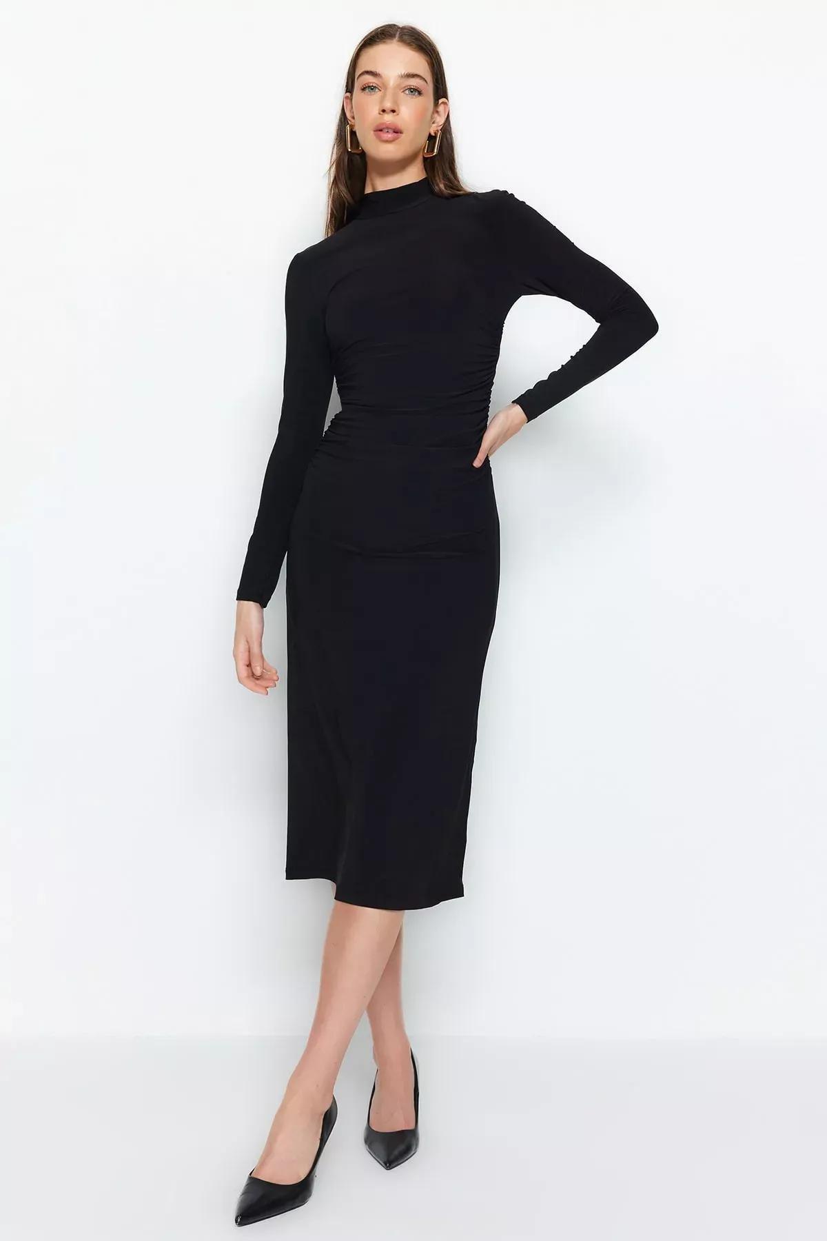 Black Detailed A-Line Midi Dress., BLACK, large image number 0