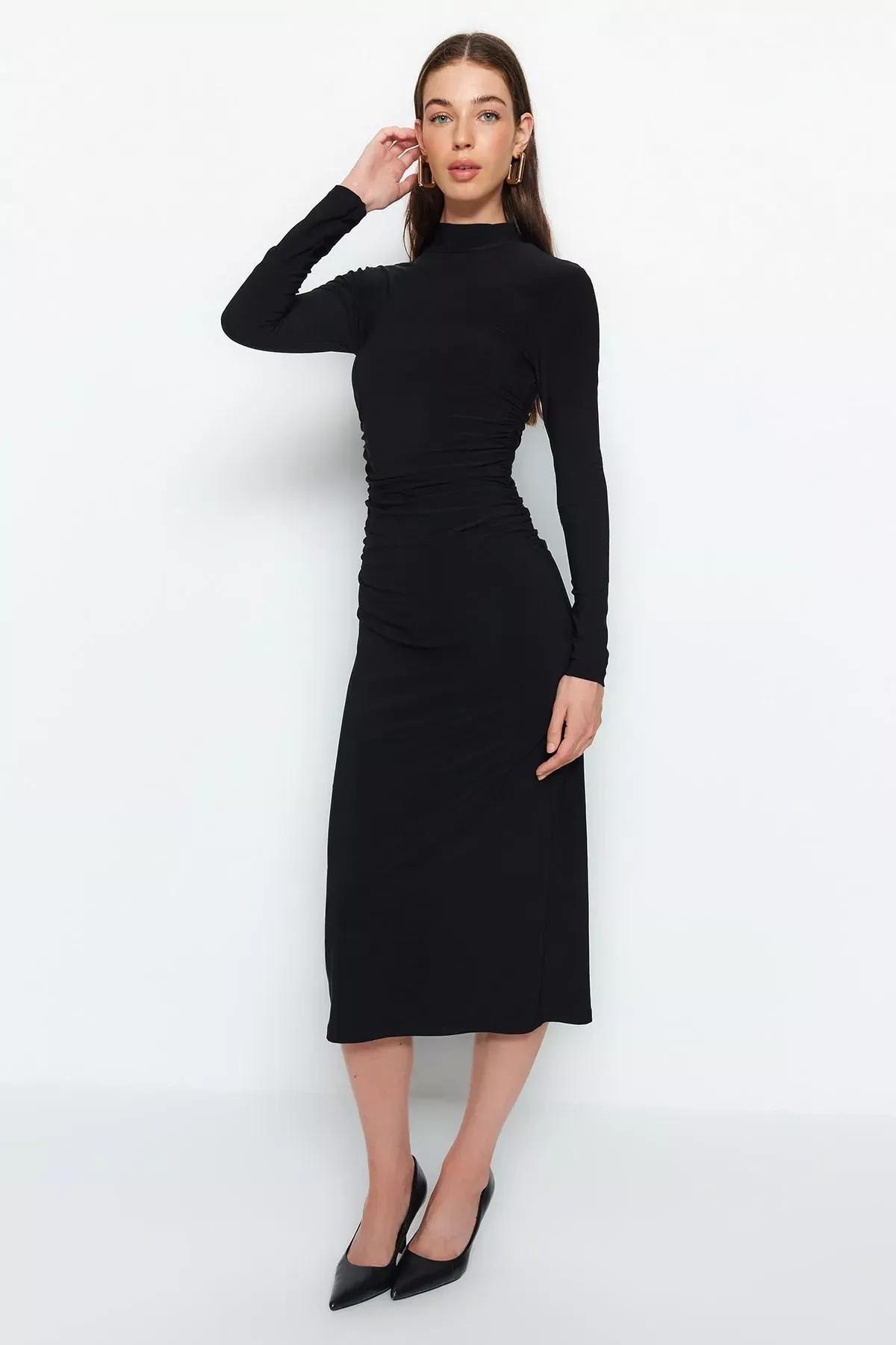 Black Detailed A-Line Midi Dress., BLACK, large image number 1