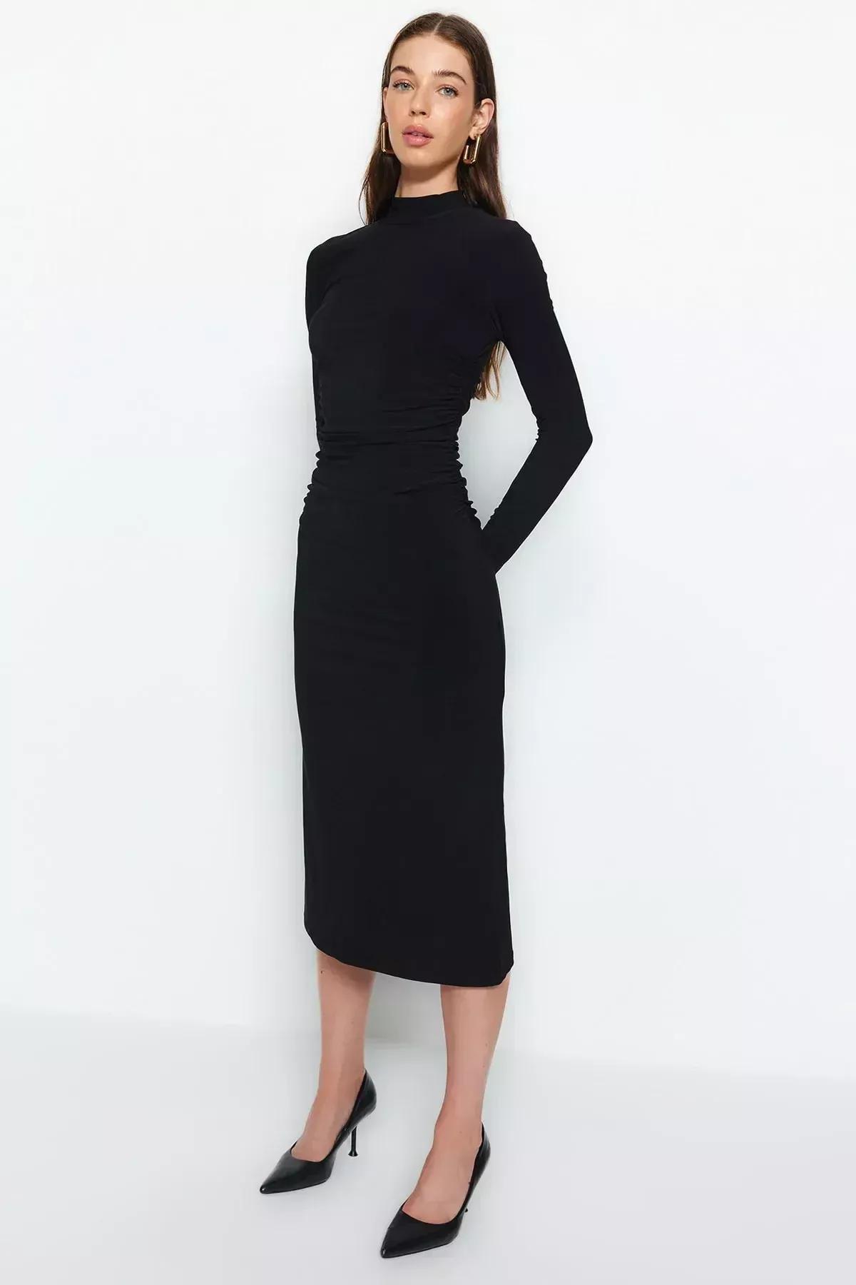 Black Detailed A-Line Midi Dress., BLACK, large image number 2
