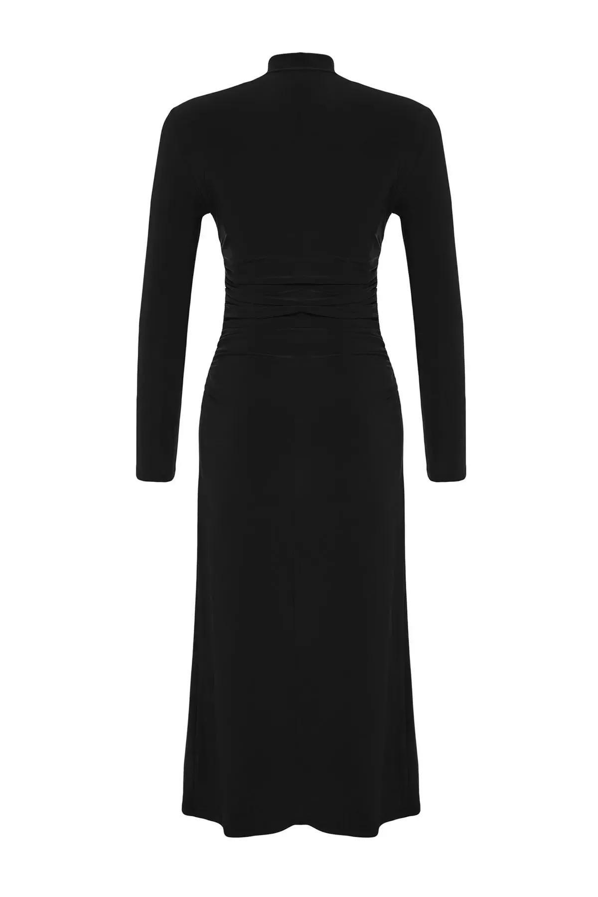 Black Detailed A-Line Midi Dress., BLACK, large image number 5