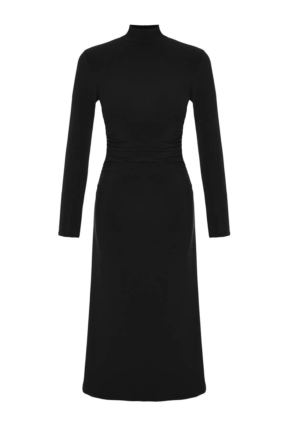 Black Detailed A-Line Midi Dress., BLACK, large image number 7