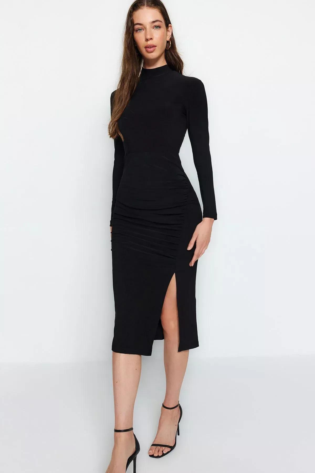 Black Draped Detail With A Slit Midi Knit Dress, BLACK, large image number 2