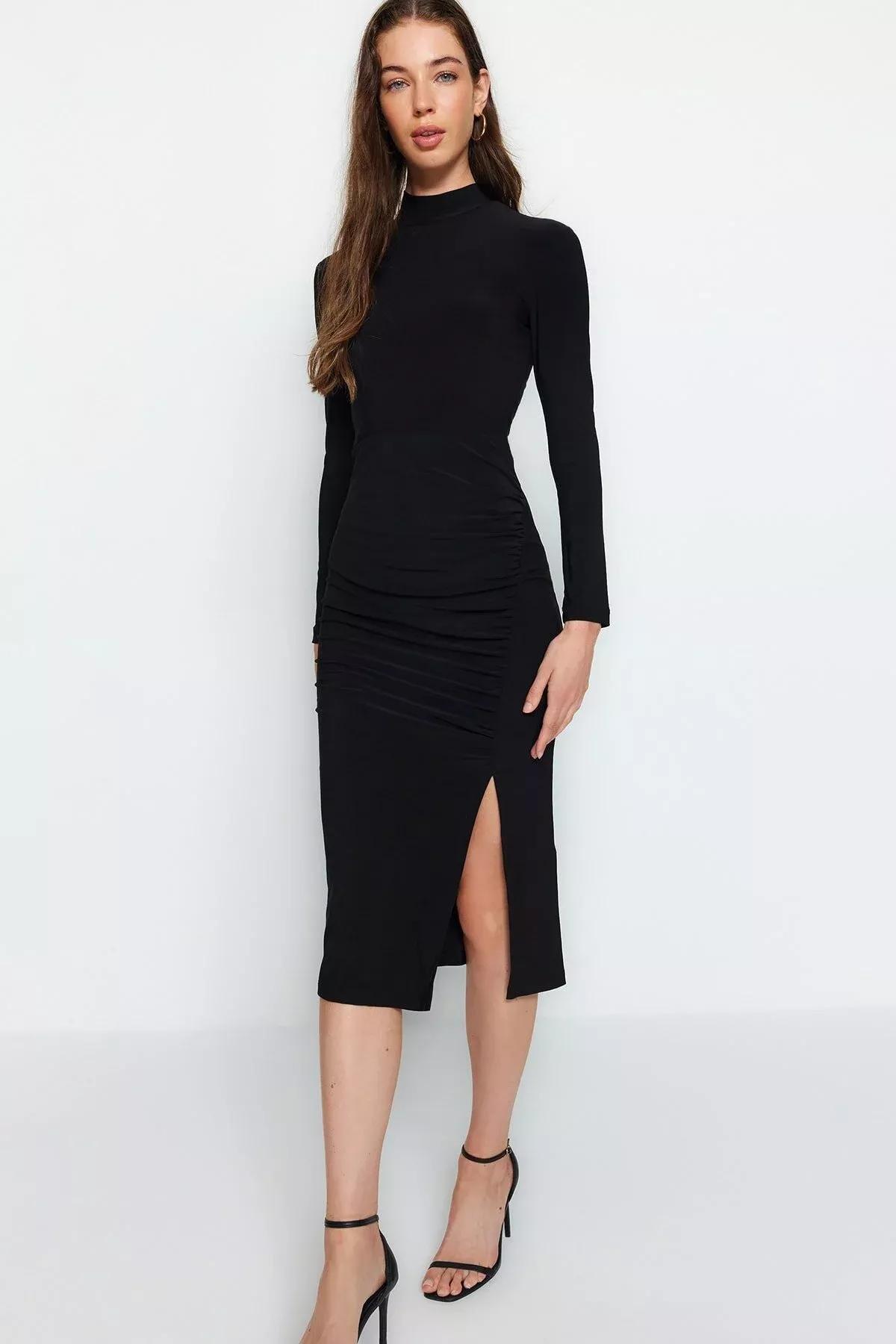 Black Draped Detail With A Slit Midi Knit Dress, BLACK, large image number 3