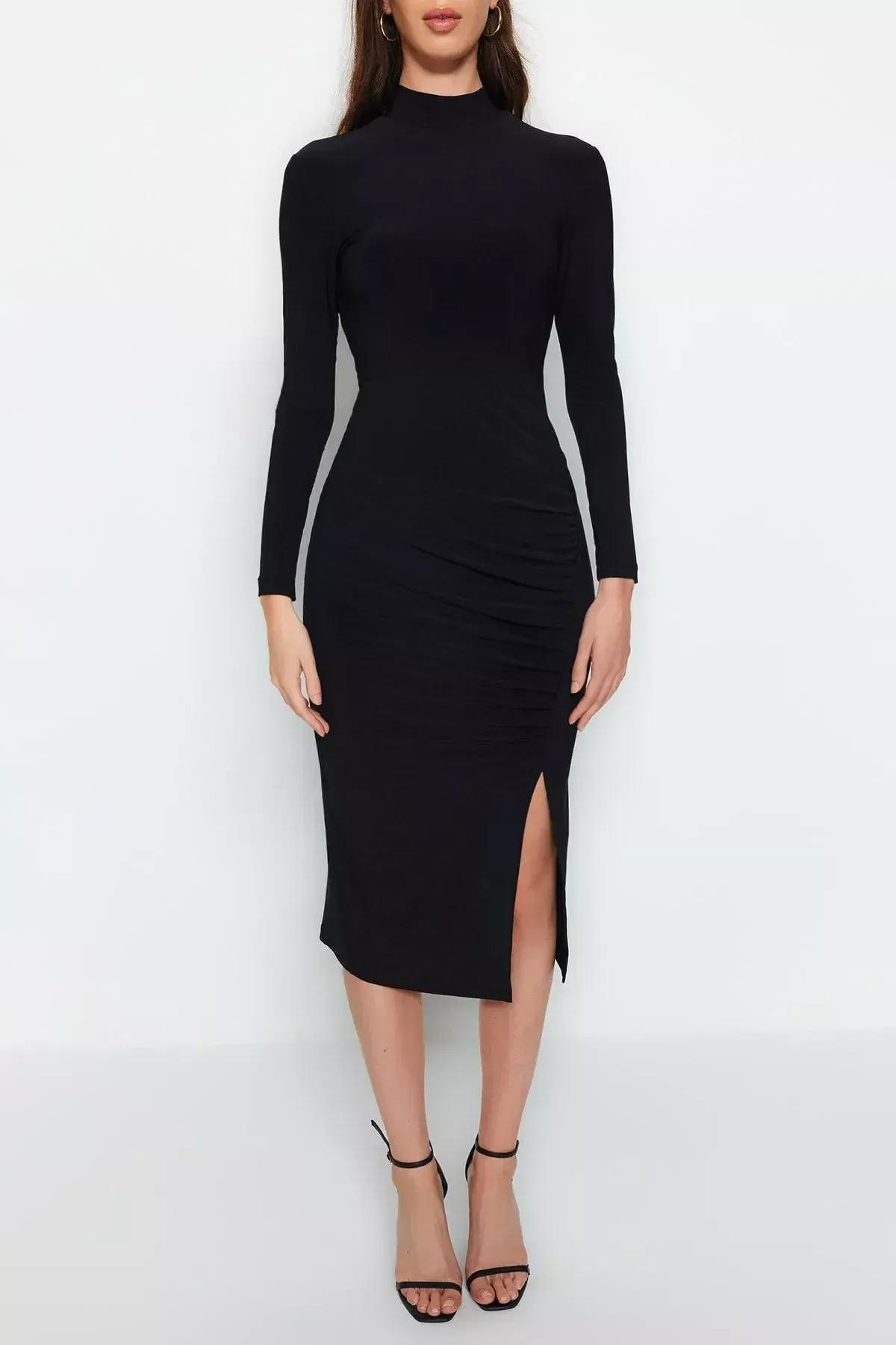 Black Draped Detail With A Slit Midi Knit Dress, BLACK, large image number 6