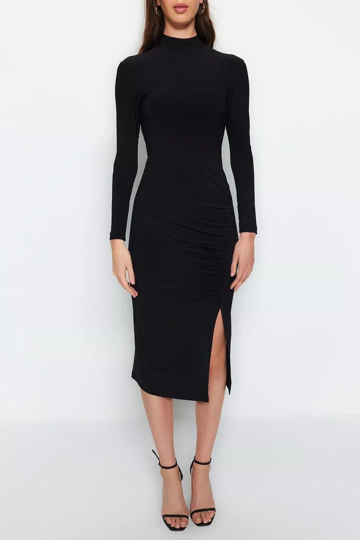 Black Draped Detail With A Slit Midi Knit Dress, BLACK, large image number 7