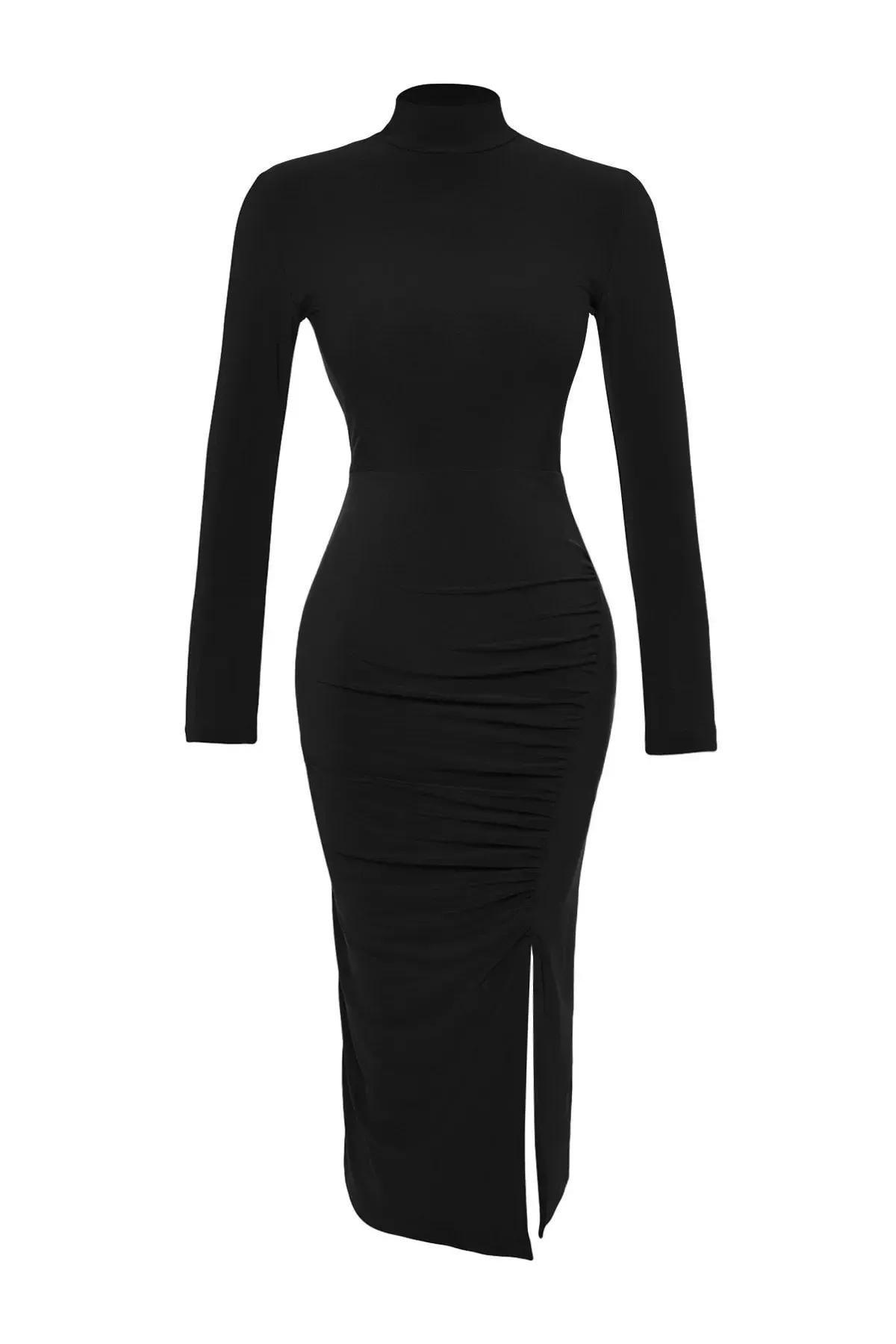 Black Draped Detail With A Slit Midi Knit Dress, BLACK, large image number 10