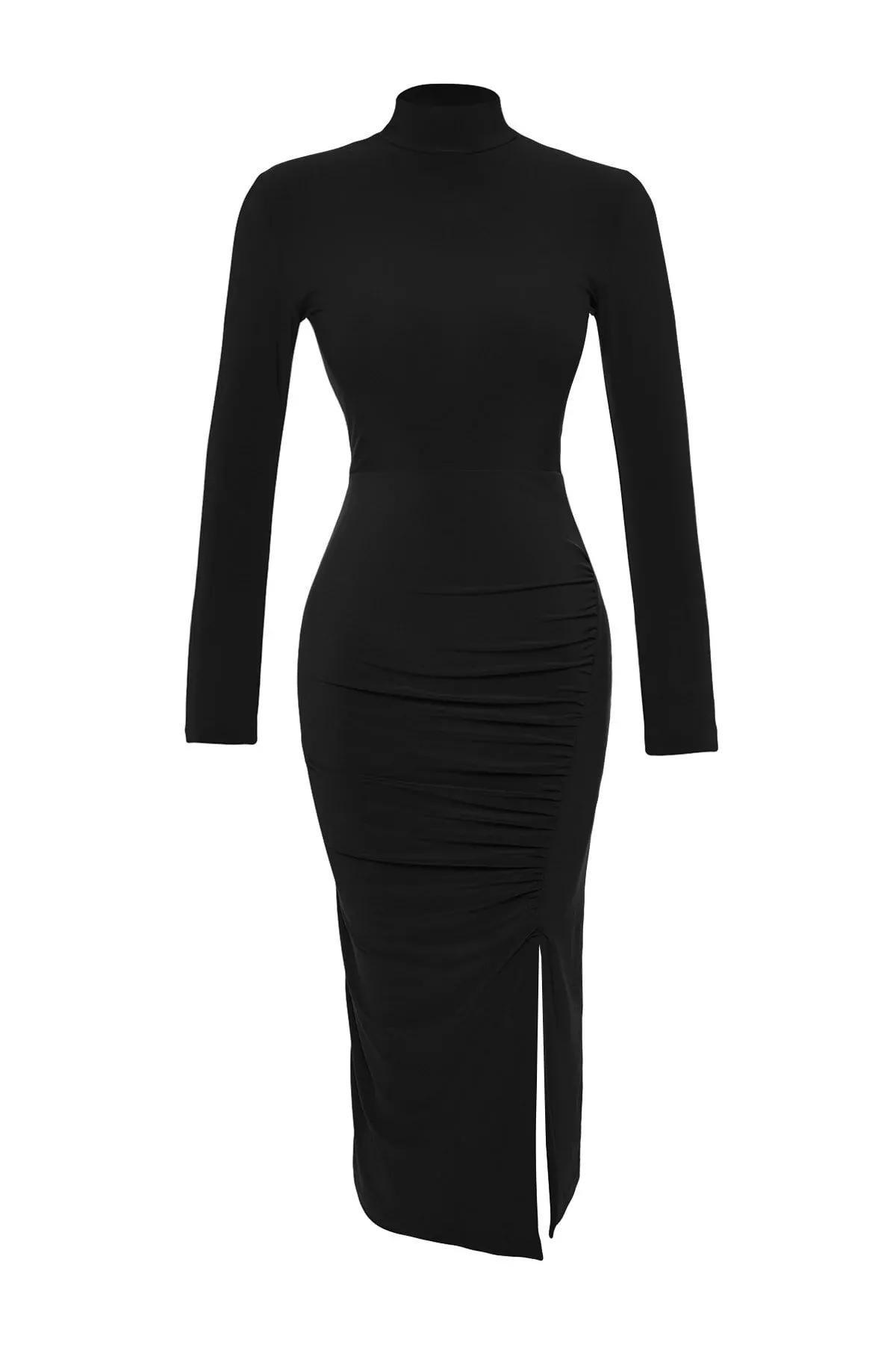 Black Draped Detail With A Slit Midi Knit Dress, BLACK, large image number 11