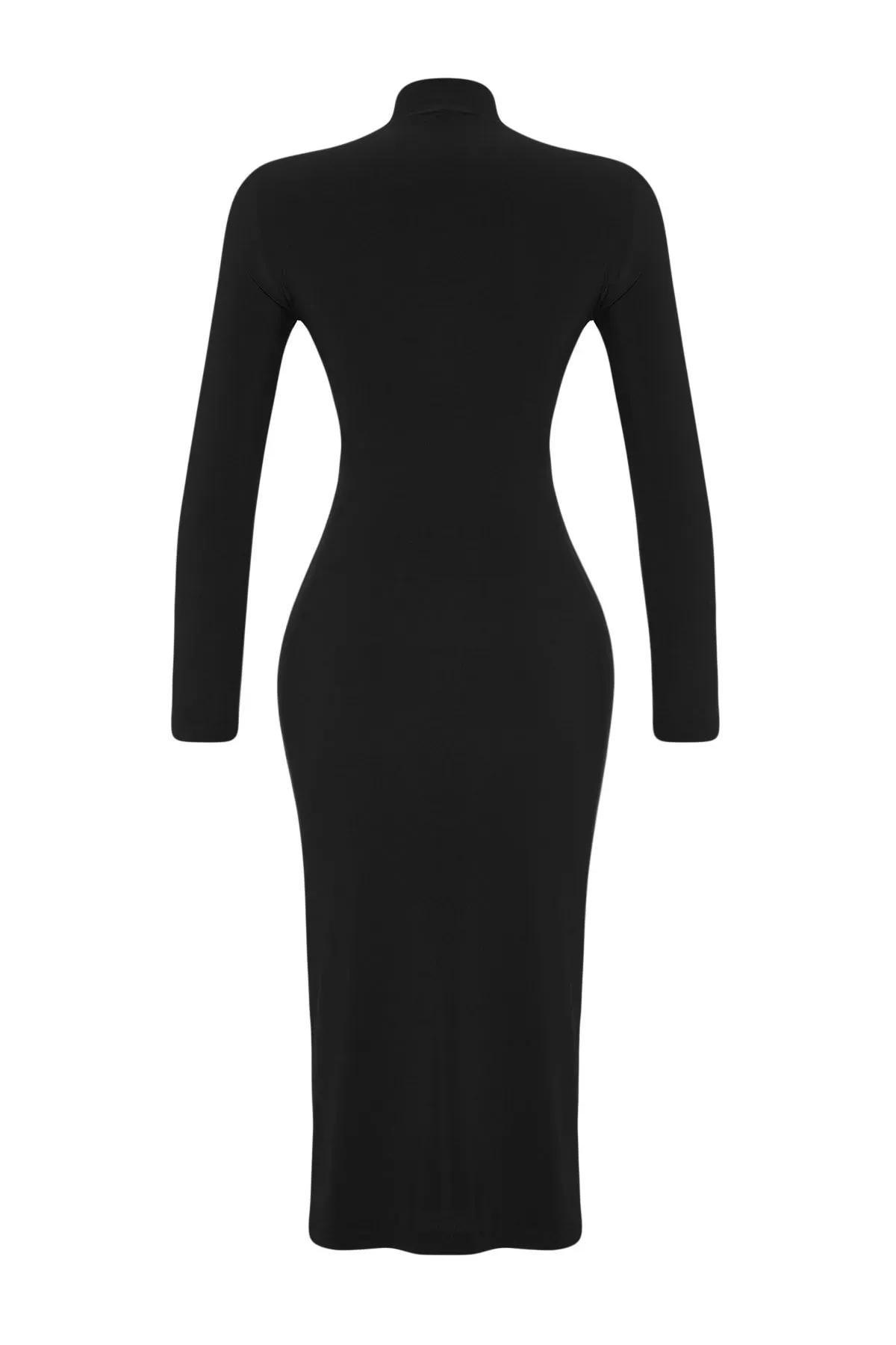 Black Draped Detail With A Slit Midi Knit Dress, BLACK, large image number 14