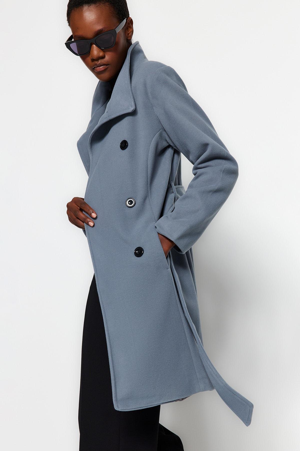 Trendyol - Grey Belted Long Stamped Coat