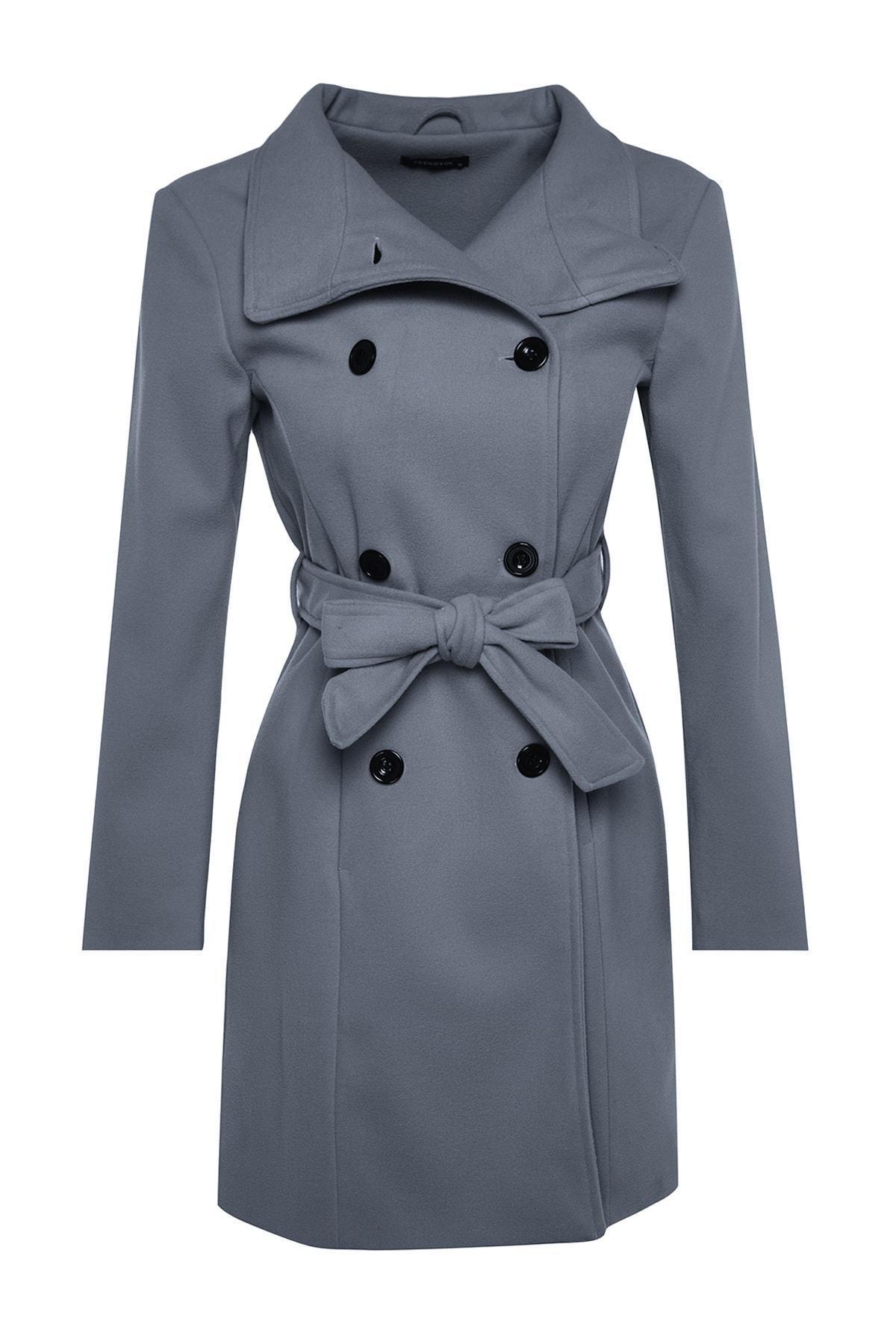 Trendyol - Grey Belted Long Stamped Coat