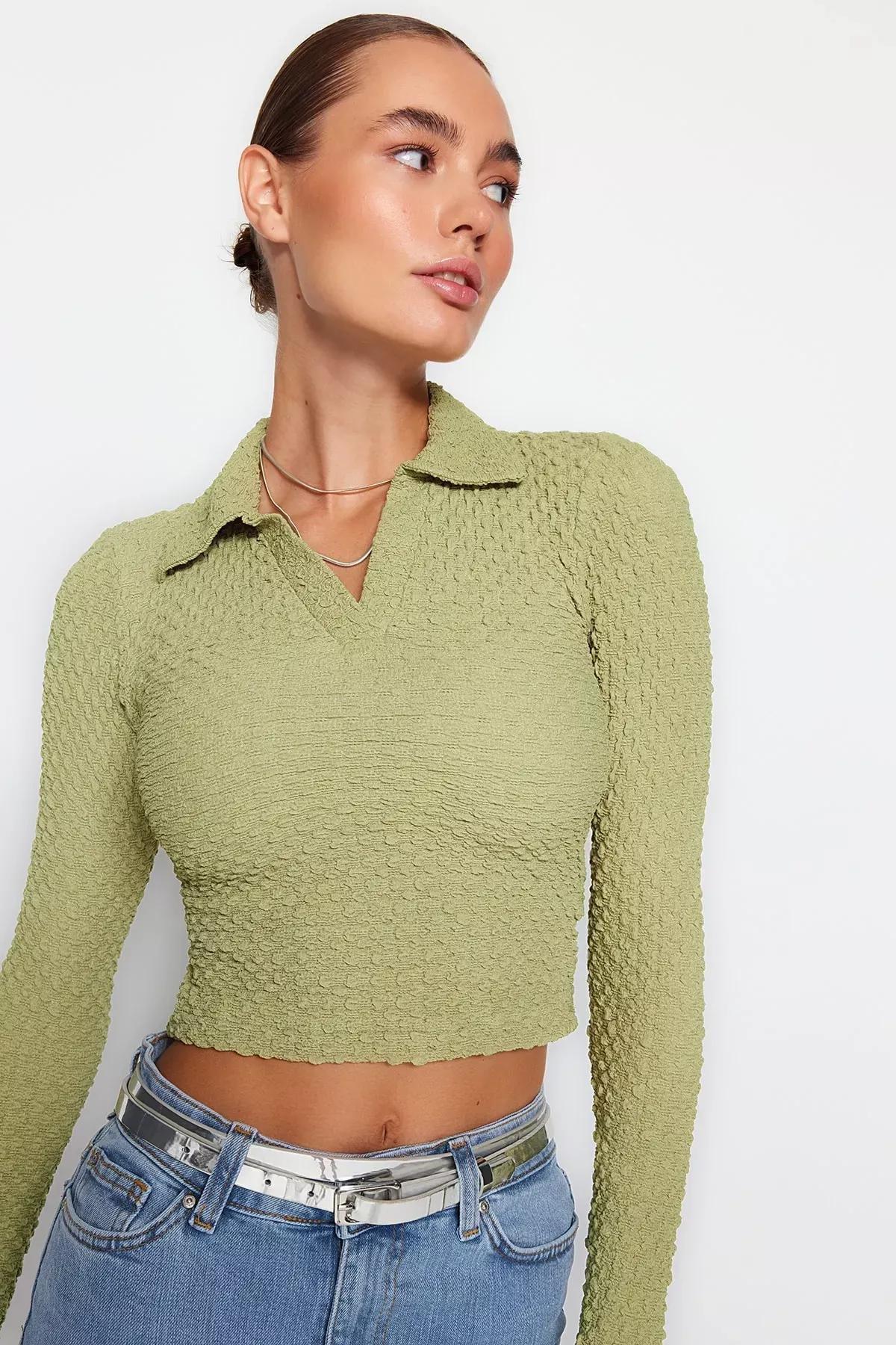 Green Premium Polo Neck Knitted Blouse, Green, large image number 0