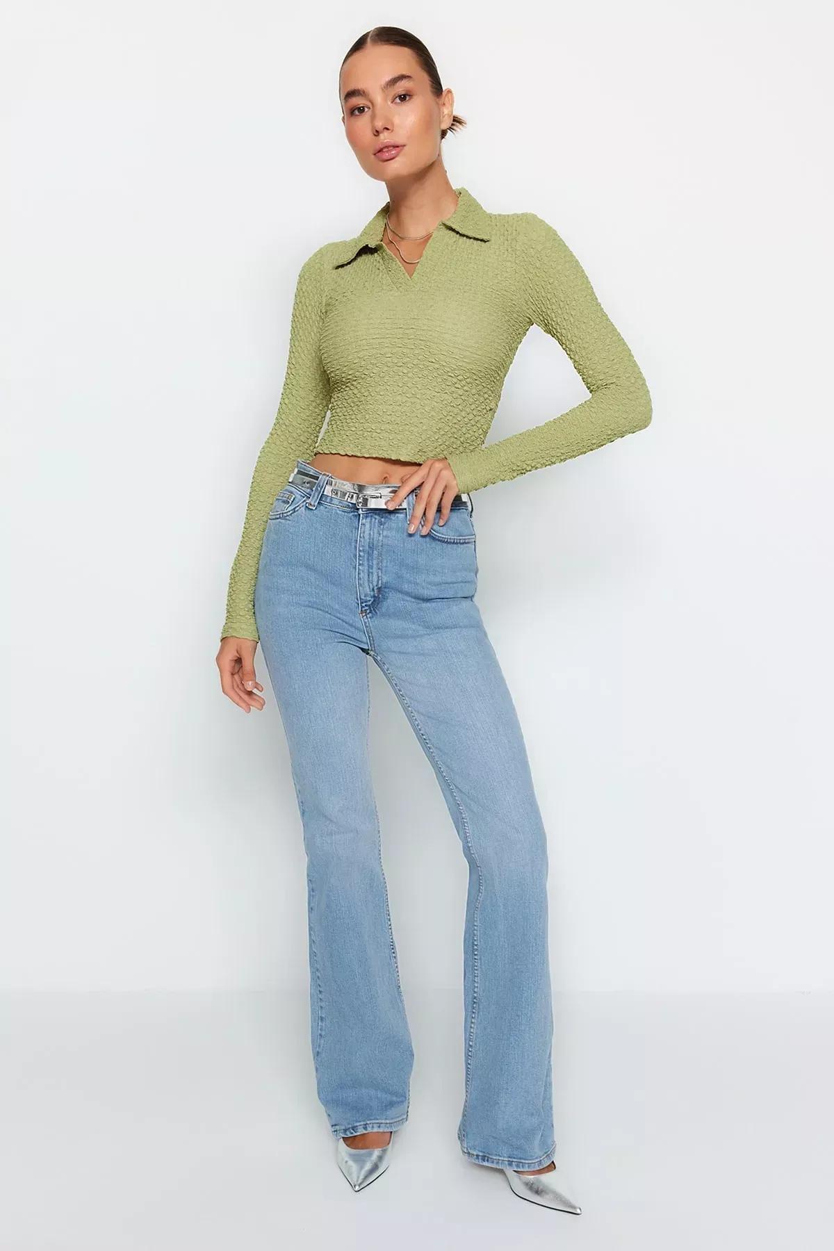 Green Premium Polo Neck Knitted Blouse, Green, large image number 1
