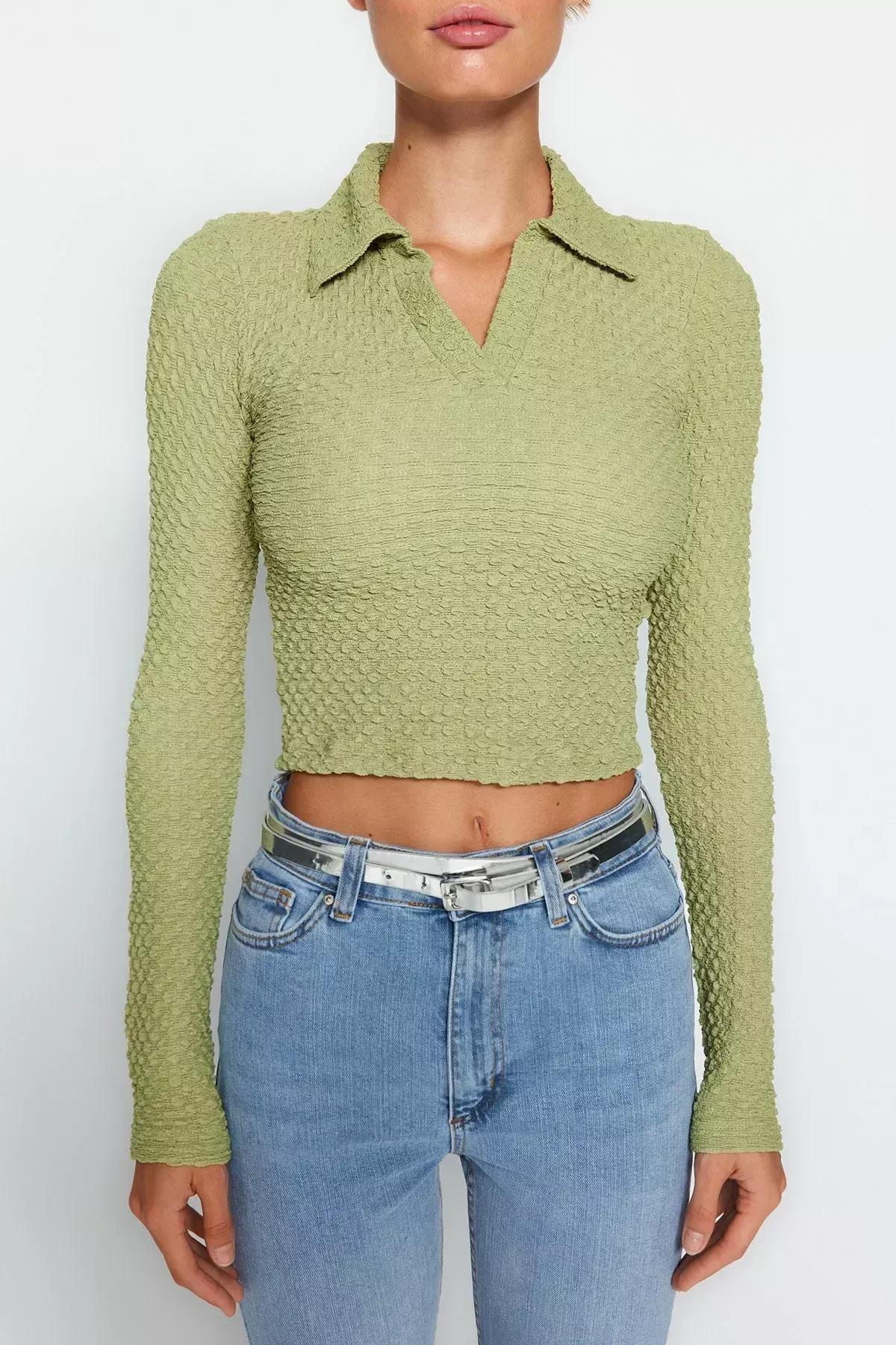Green Premium Polo Neck Knitted Blouse, Green, large image number 3