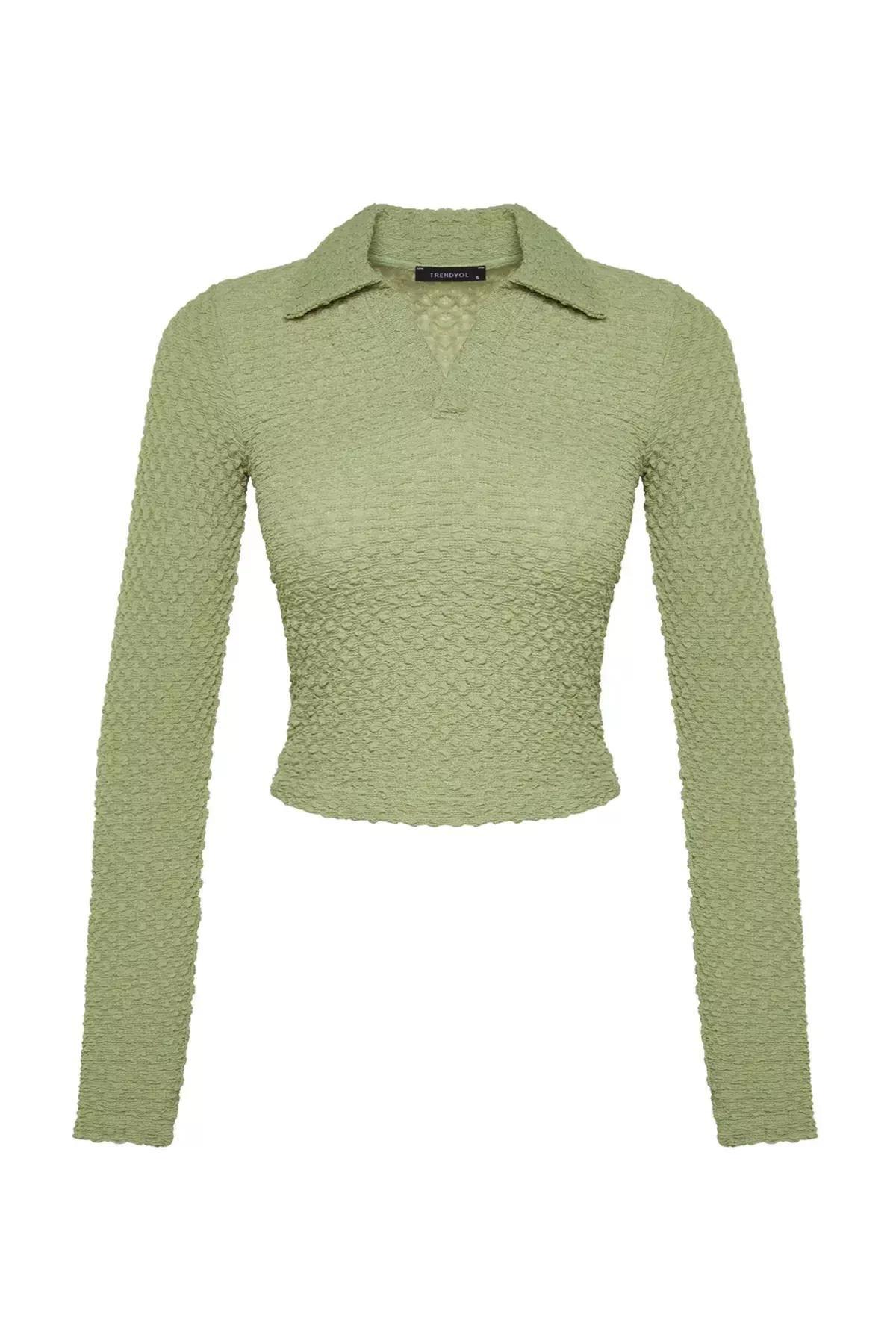 Green Premium Polo Neck Knitted Blouse, Green, large image number 5