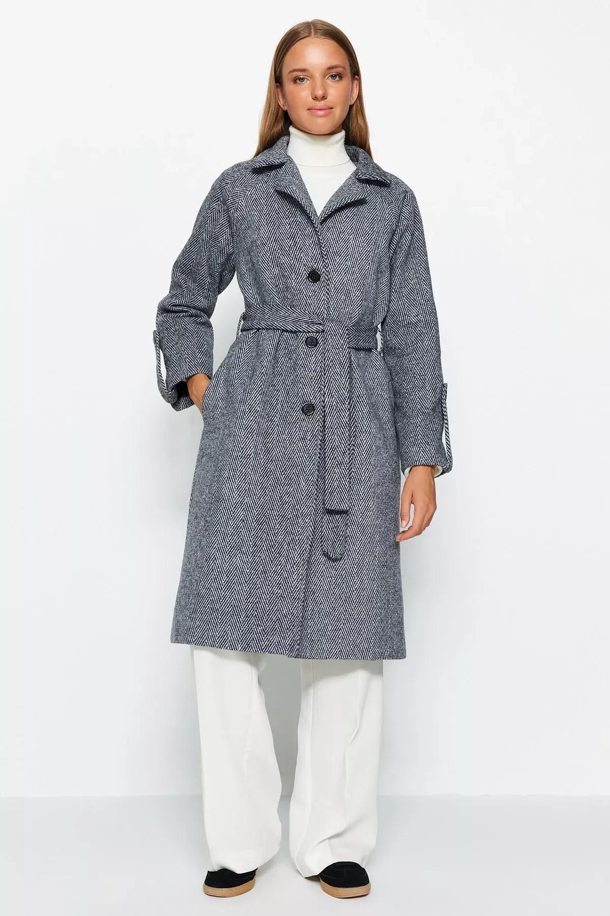 Black Herringbone Pattern Oversized Wide Cut Coat, BLACK, large image number 0