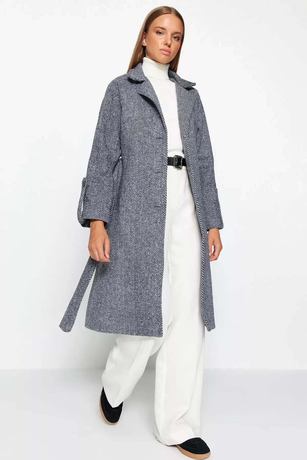 Black Herringbone Pattern Oversized Wide Cut Coat, BLACK, large image number 1