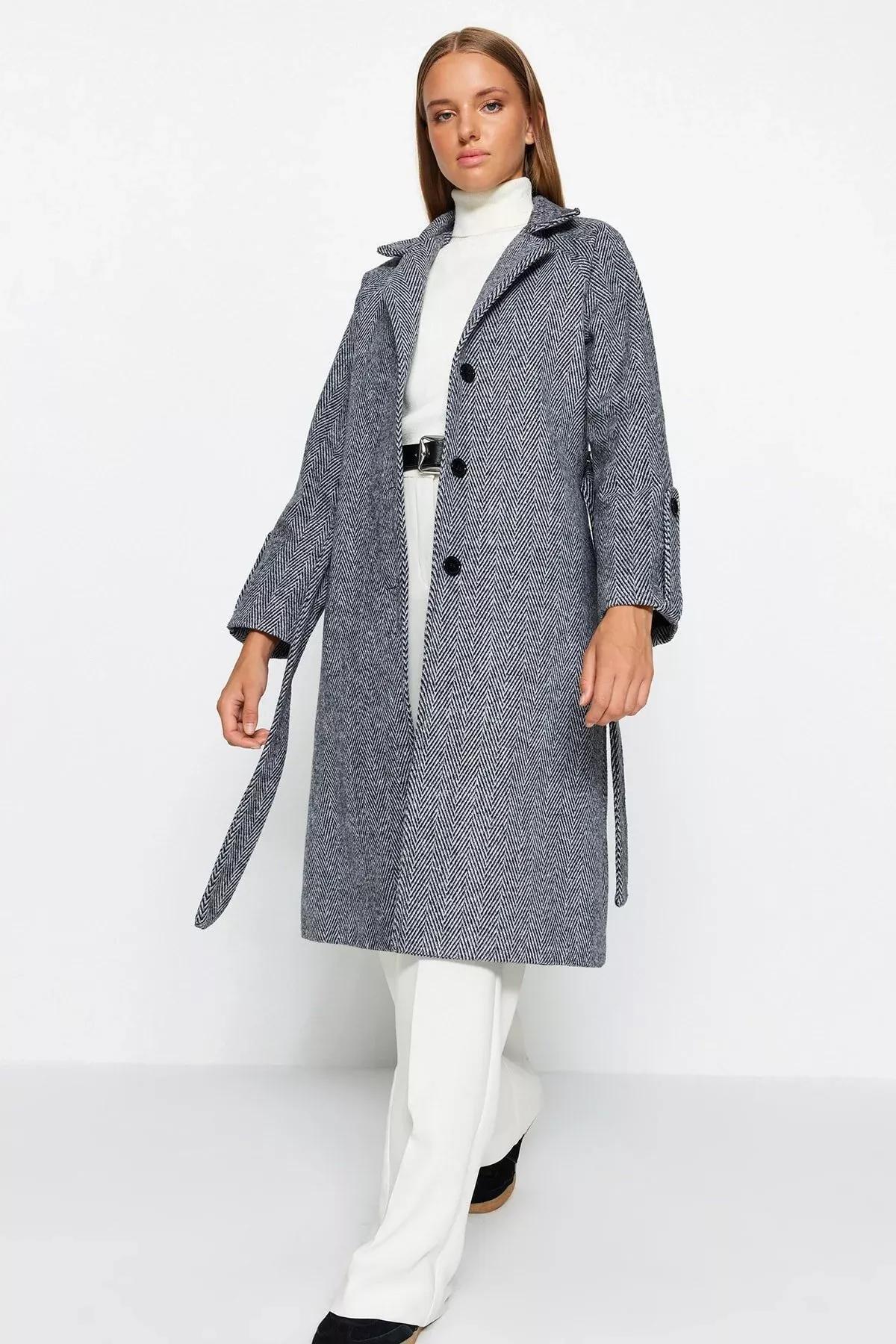 Black Herringbone Pattern Oversized Wide Cut Coat, BLACK, large image number 2