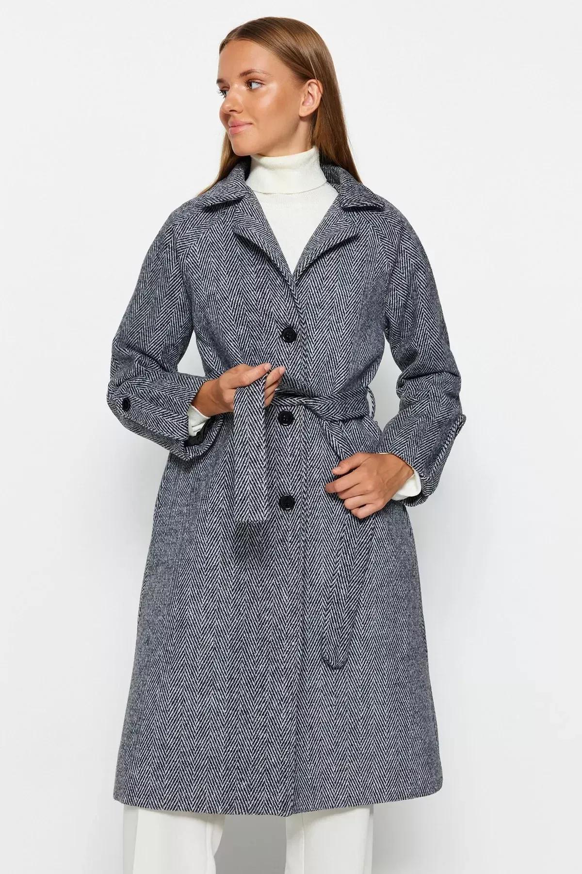 Black Herringbone Pattern Oversized Wide Cut Coat, BLACK, large image number 3