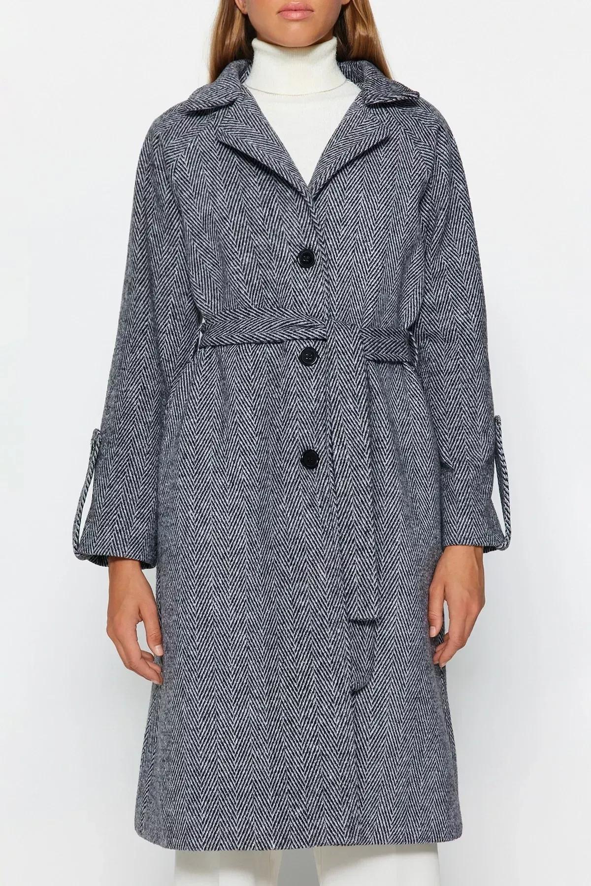 Black Herringbone Pattern Oversized Wide Cut Coat, BLACK, large image number 4