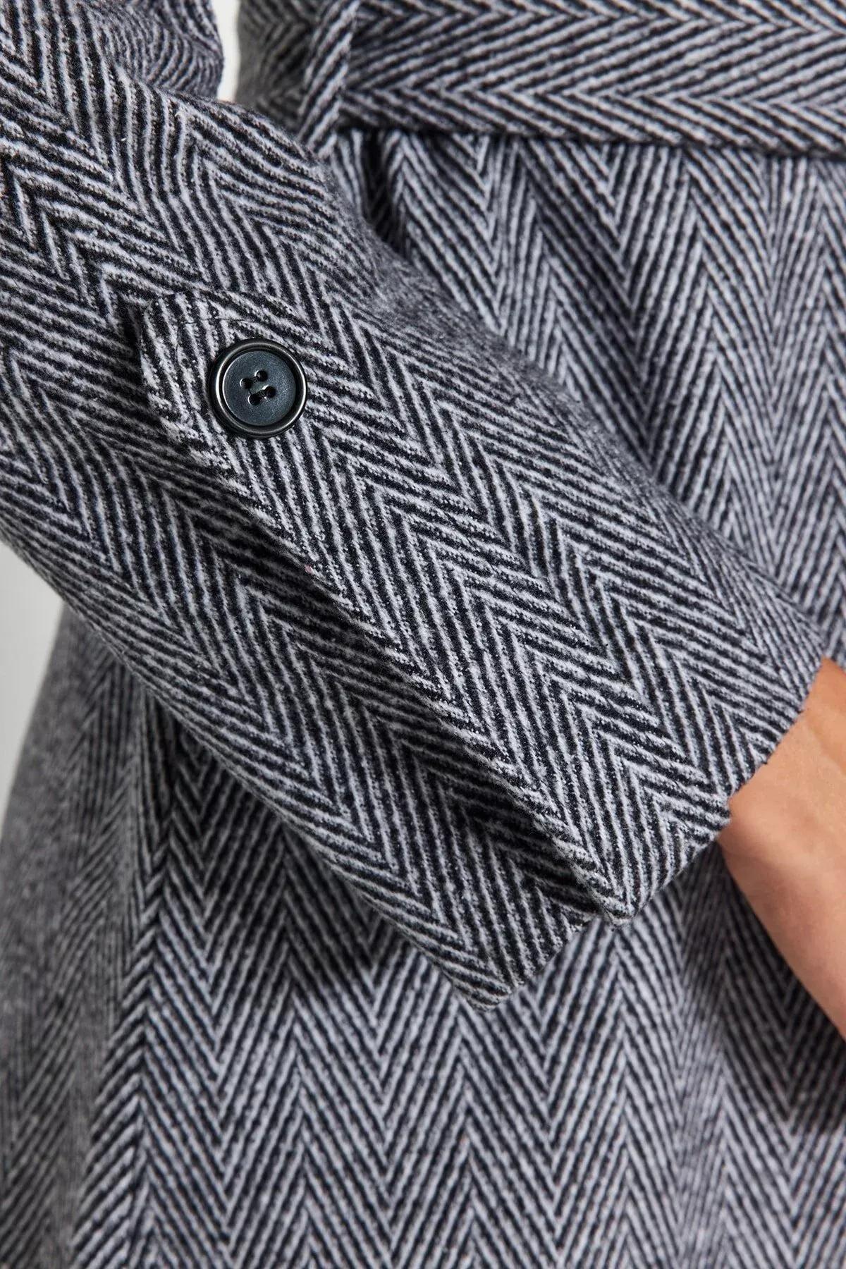 Black Herringbone Pattern Oversized Wide Cut Coat, BLACK, large image number 5