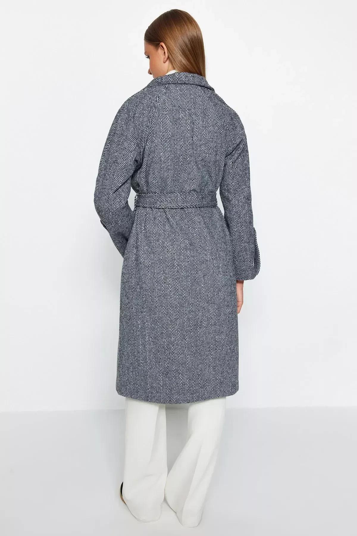 Black Herringbone Pattern Oversized Wide Cut Coat, BLACK, large image number 6