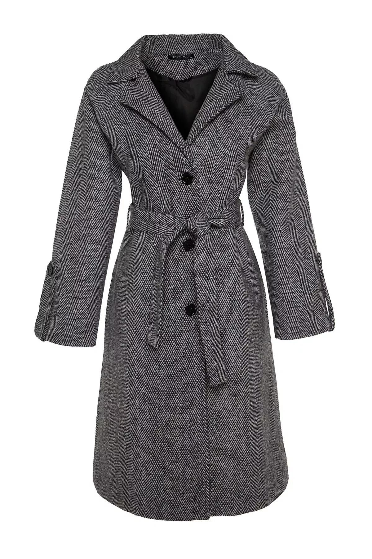 Black Herringbone Pattern Oversized Wide Cut Coat, BLACK, large image number 7