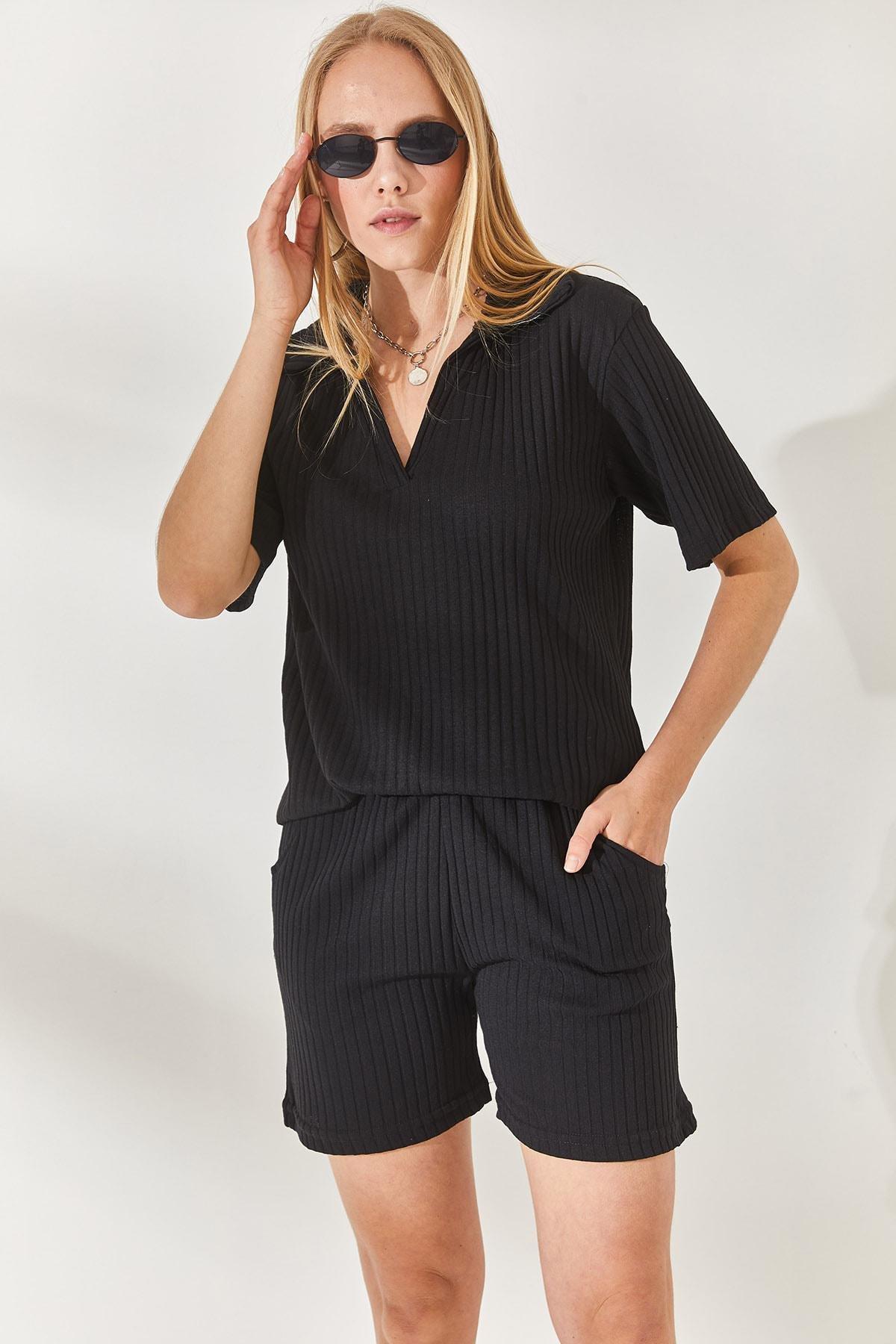 Black Polo Neck Top Pocket Shorts, , large image number 2