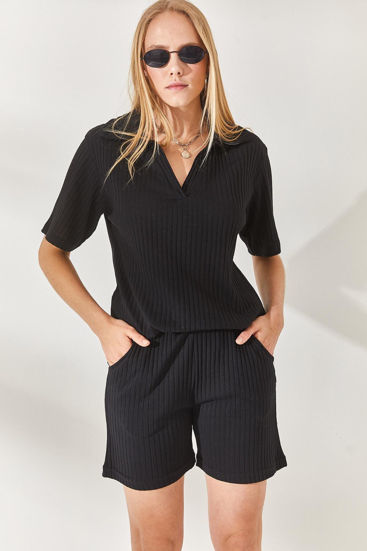 Black Polo Neck Top Pocket Shorts, , large image number 4