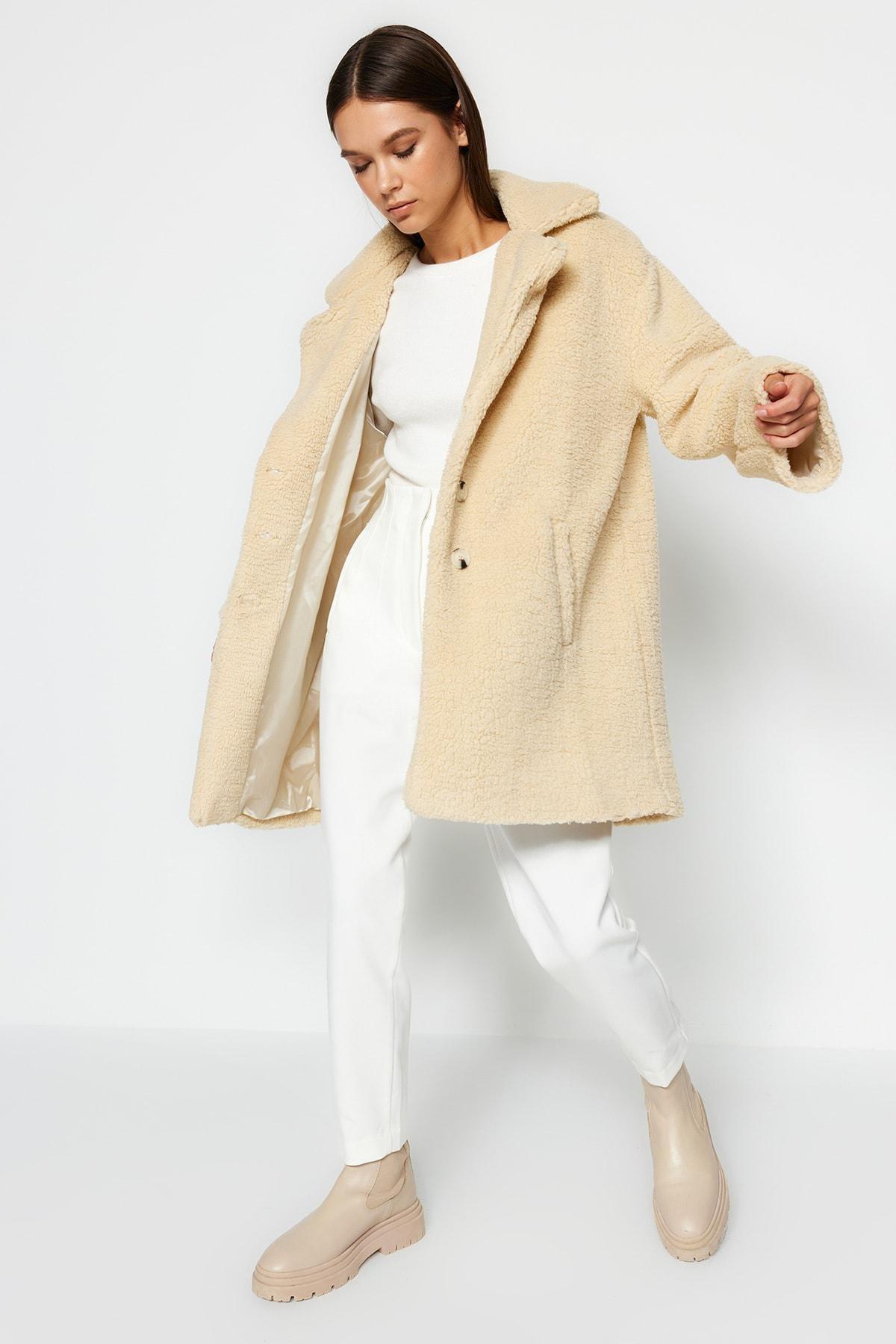 Cream Double-Breasted Coat, , large image number 1