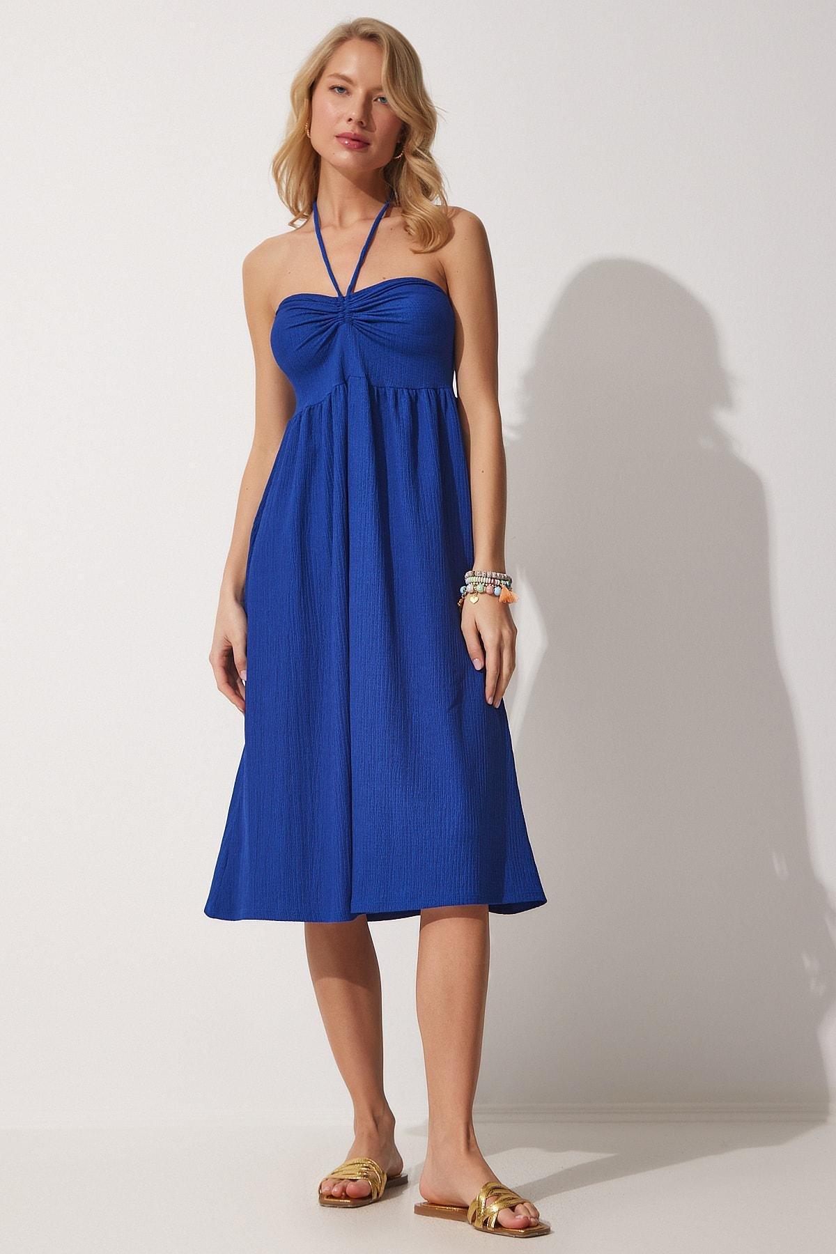 Blue Halterneck A-Line Dress, DARK BLUE, large image number 0