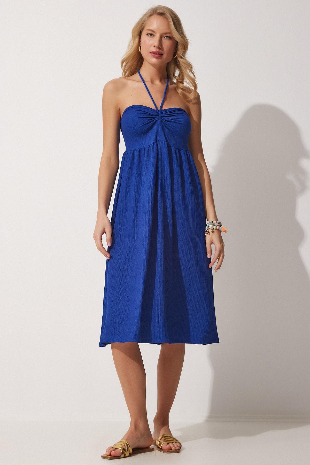 Blue Halterneck A-Line Dress, DARK BLUE, large image number 1