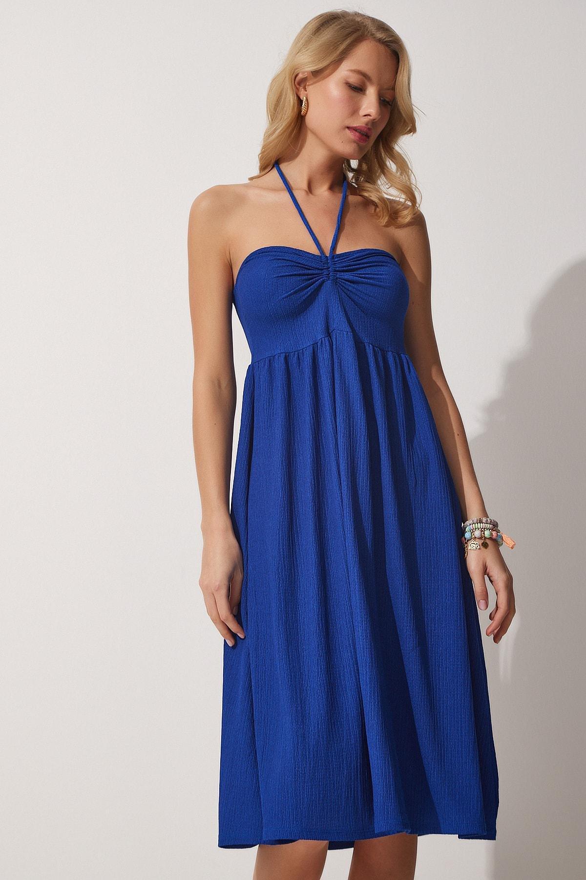 Blue Halterneck A-Line Dress, DARK BLUE, large image number 2