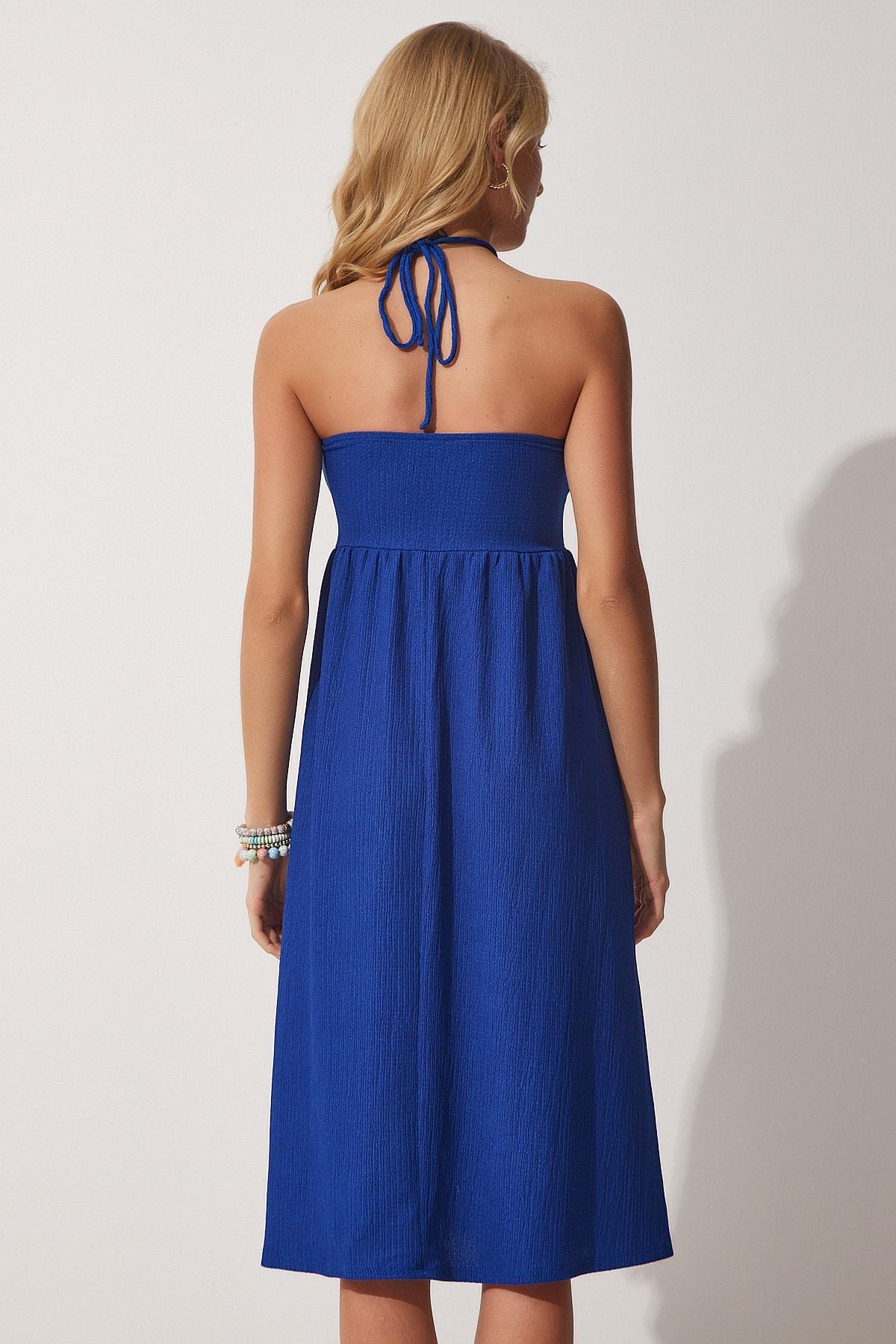 Blue Halterneck A-Line Dress, DARK BLUE, large image number 3